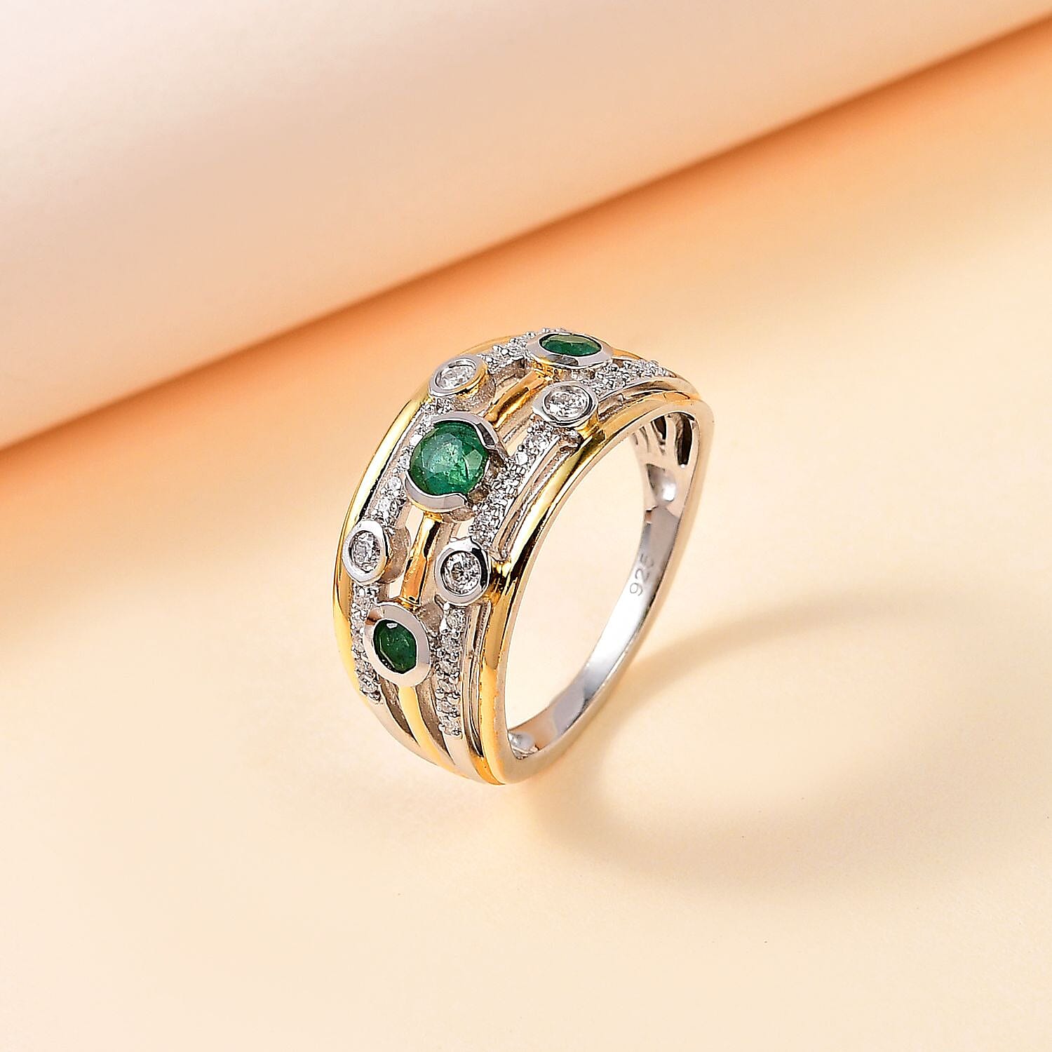 Premium Emerald & Moissanite Bubble Multi Row Ring in 18K Vermeil Yellow Gold Plated & Platinum Overlay Sterling Silver 0.96 Ct.