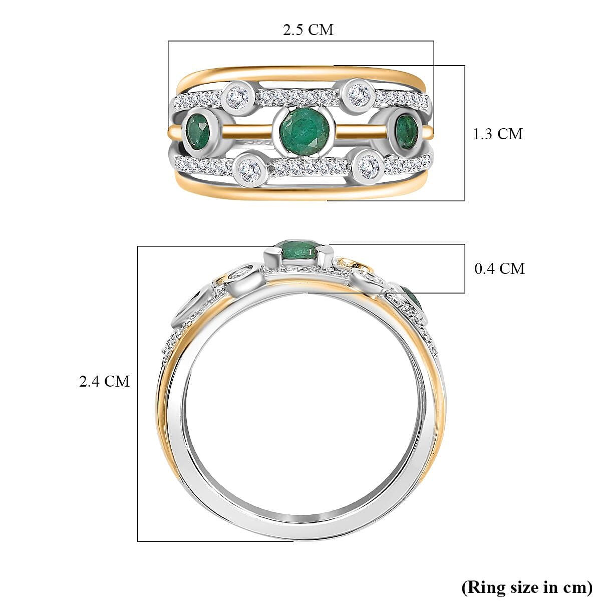 Premium Emerald & Moissanite Bubble Multi Row Ring in 18K Vermeil Yellow Gold Plated & Platinum Overlay Sterling Silver 0.96 Ct.