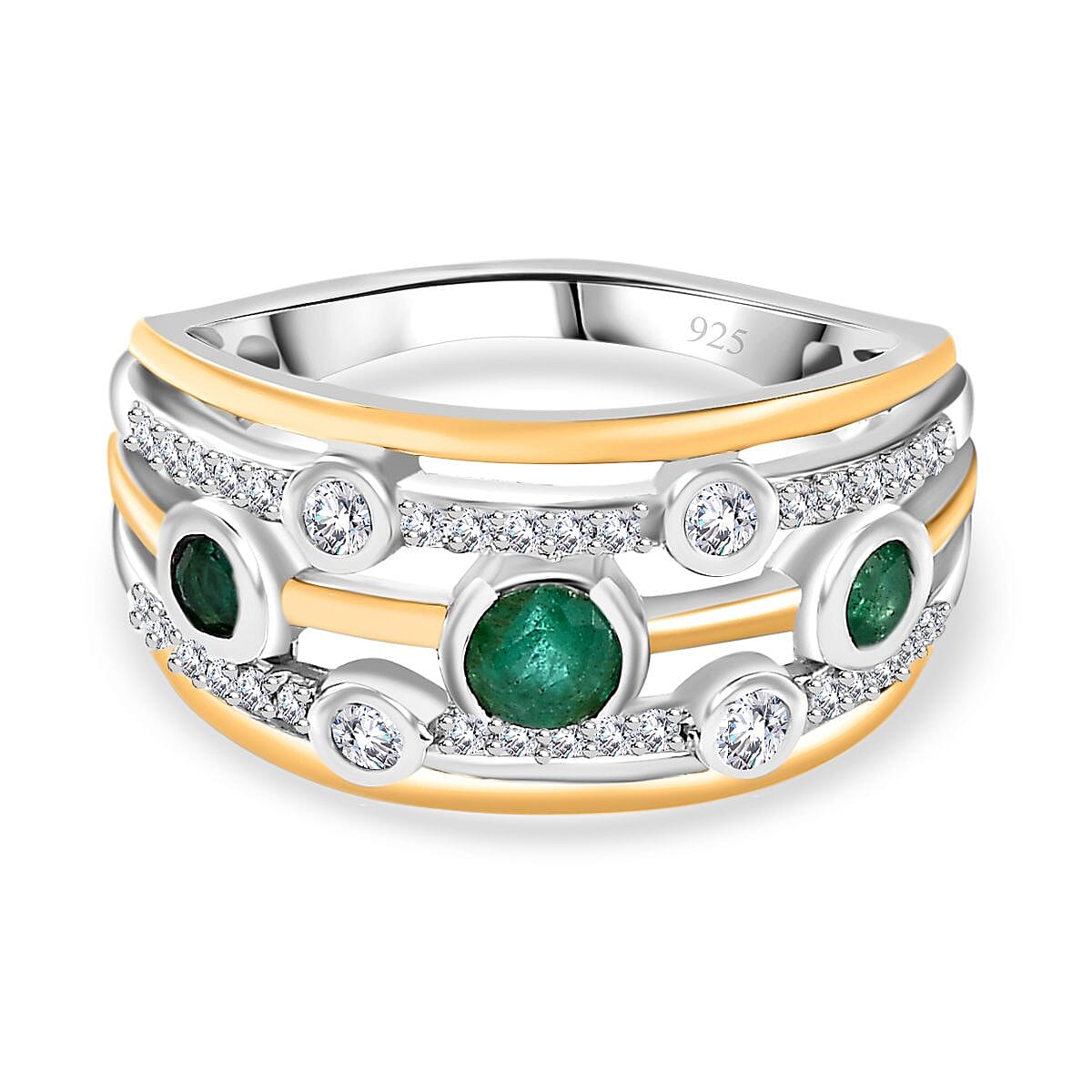 Premium Emerald and Moissanite Bubble Multi Row Ring in 18K Vermeil Yellow Gold and Platinum Plated Sterling Silver, Silver Wt. 5.27 Gms