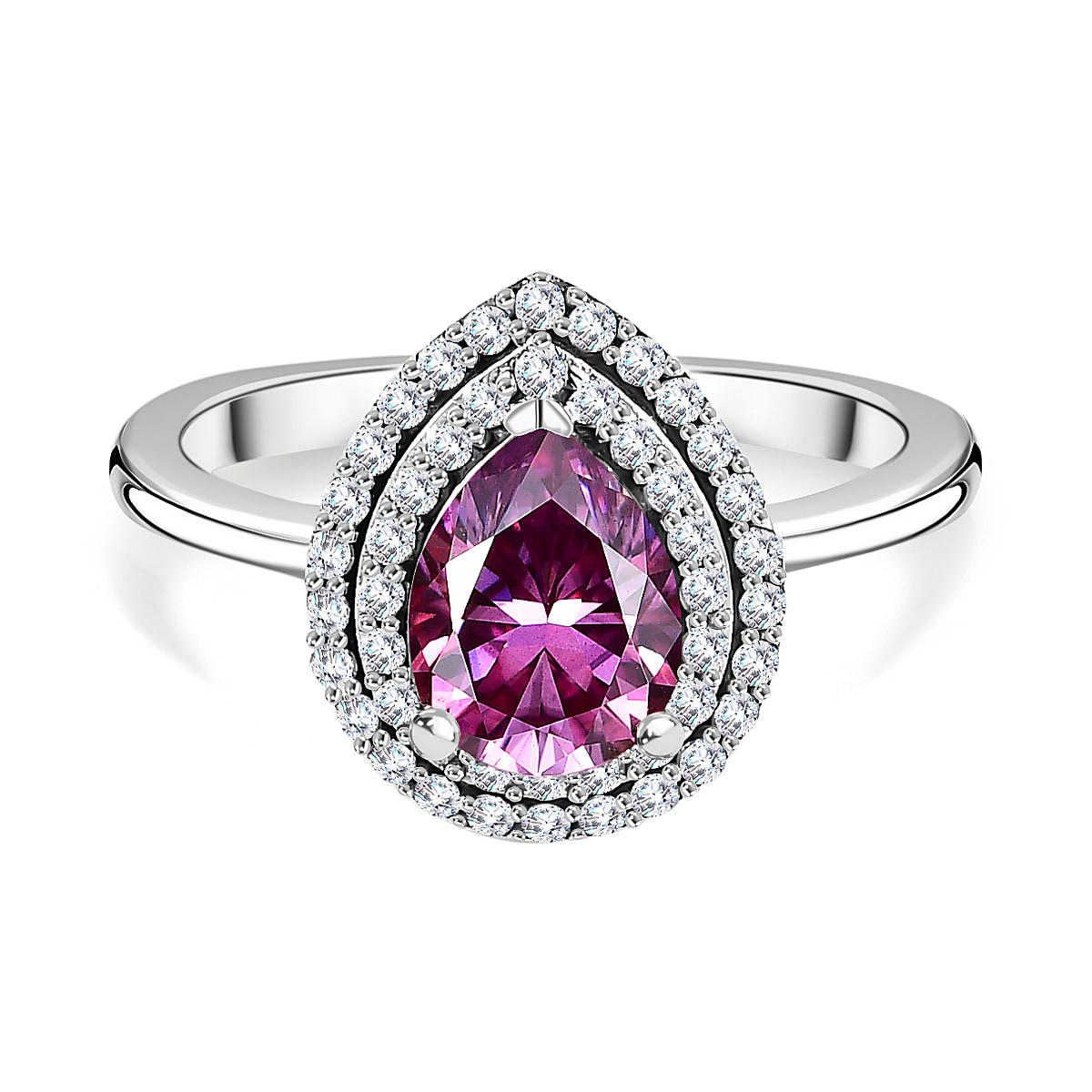 Pink Lotus Coated Moissanite, Moissanite Double Halo Ring in Platinum Overlay Sterling Silver 1.86 ct  1.576  Ct.