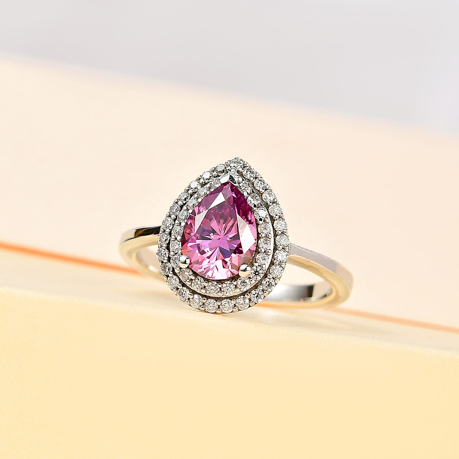 Pink & White Moissanite Ring in Platinum Overlay Sterling Silver 1.60 Ct.