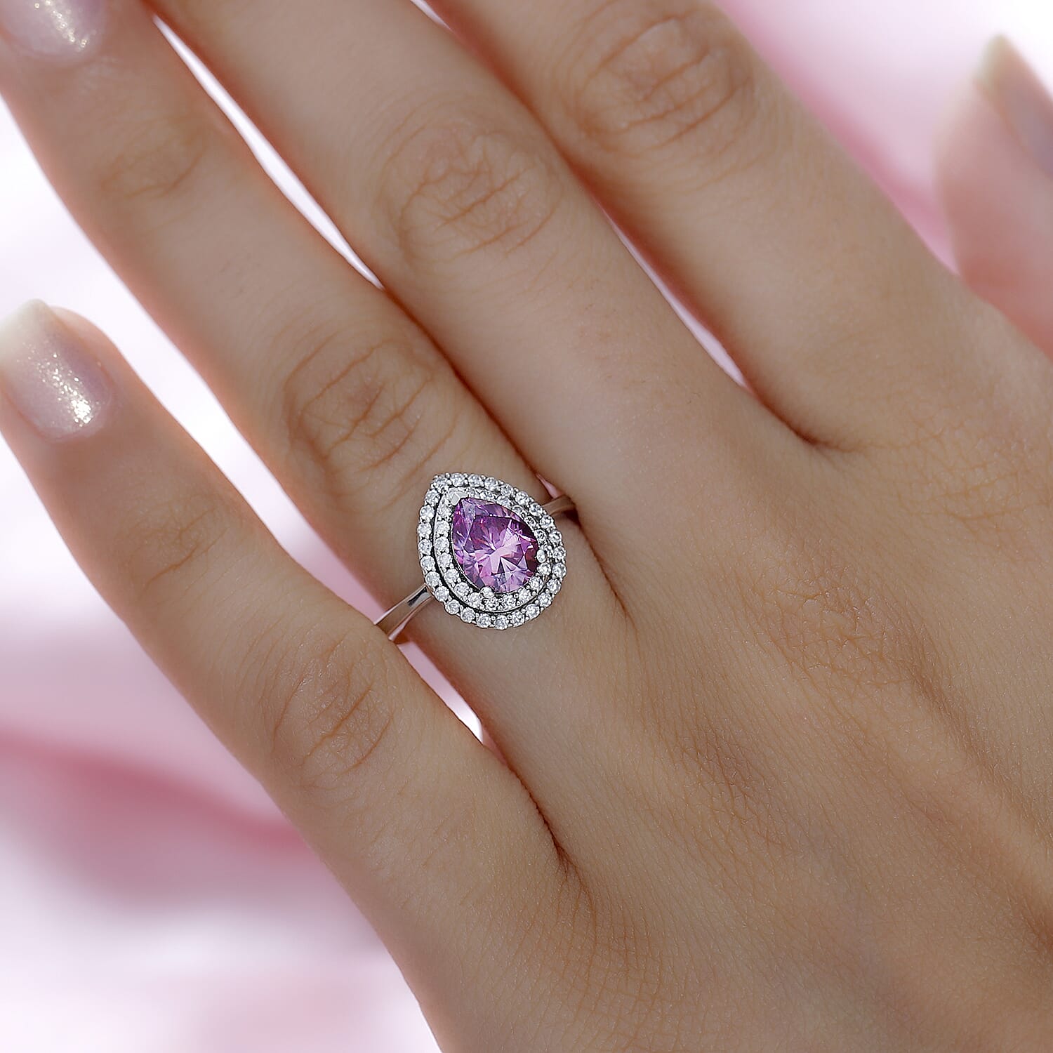 Pink & White Moissanite Ring in Platinum Overlay Sterling Silver 1.60 Ct.