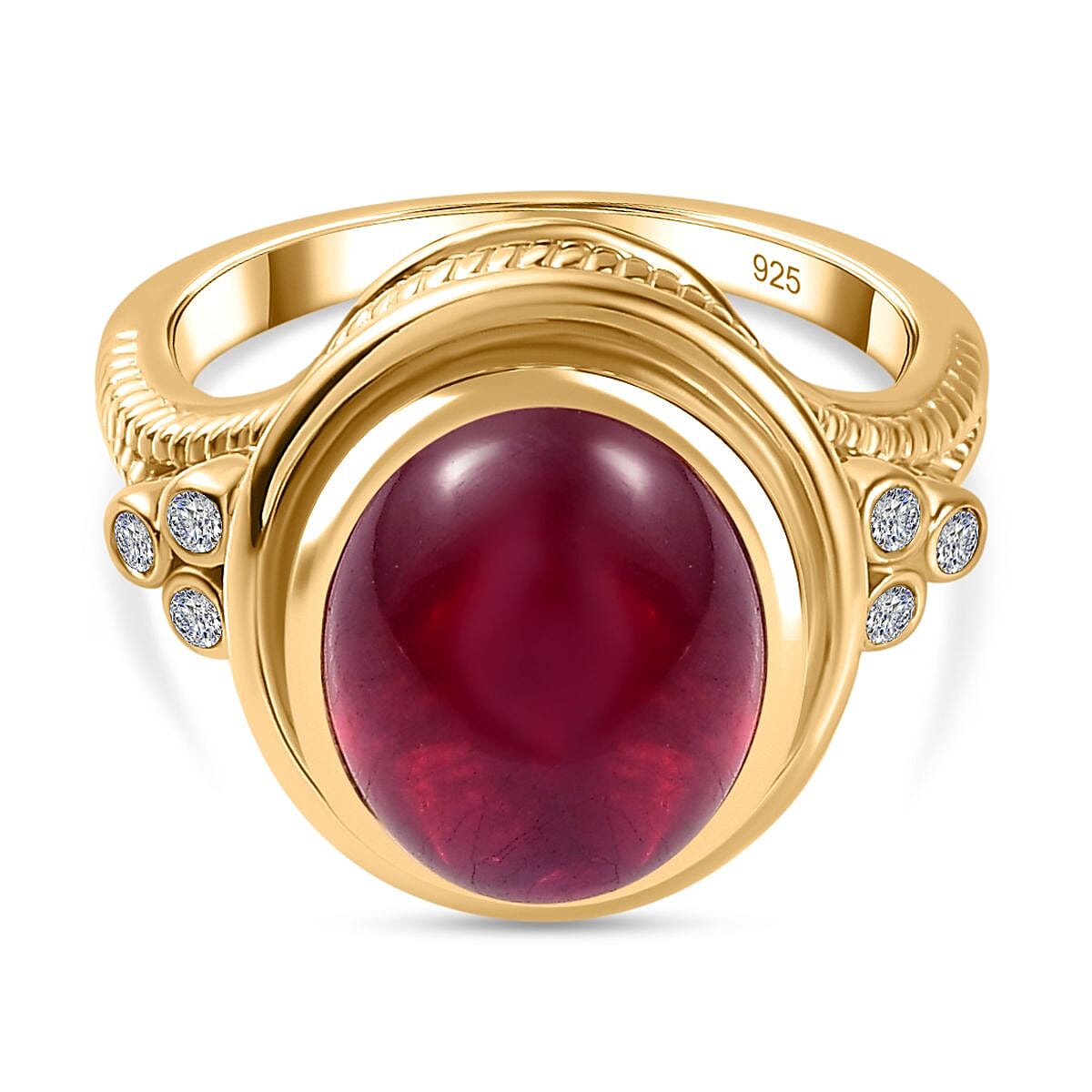 The Majestic Cabochon African Ruby with Moissanite in Solitaire Ring in Vermeil YG Sterling Silver 8.20 Ct,