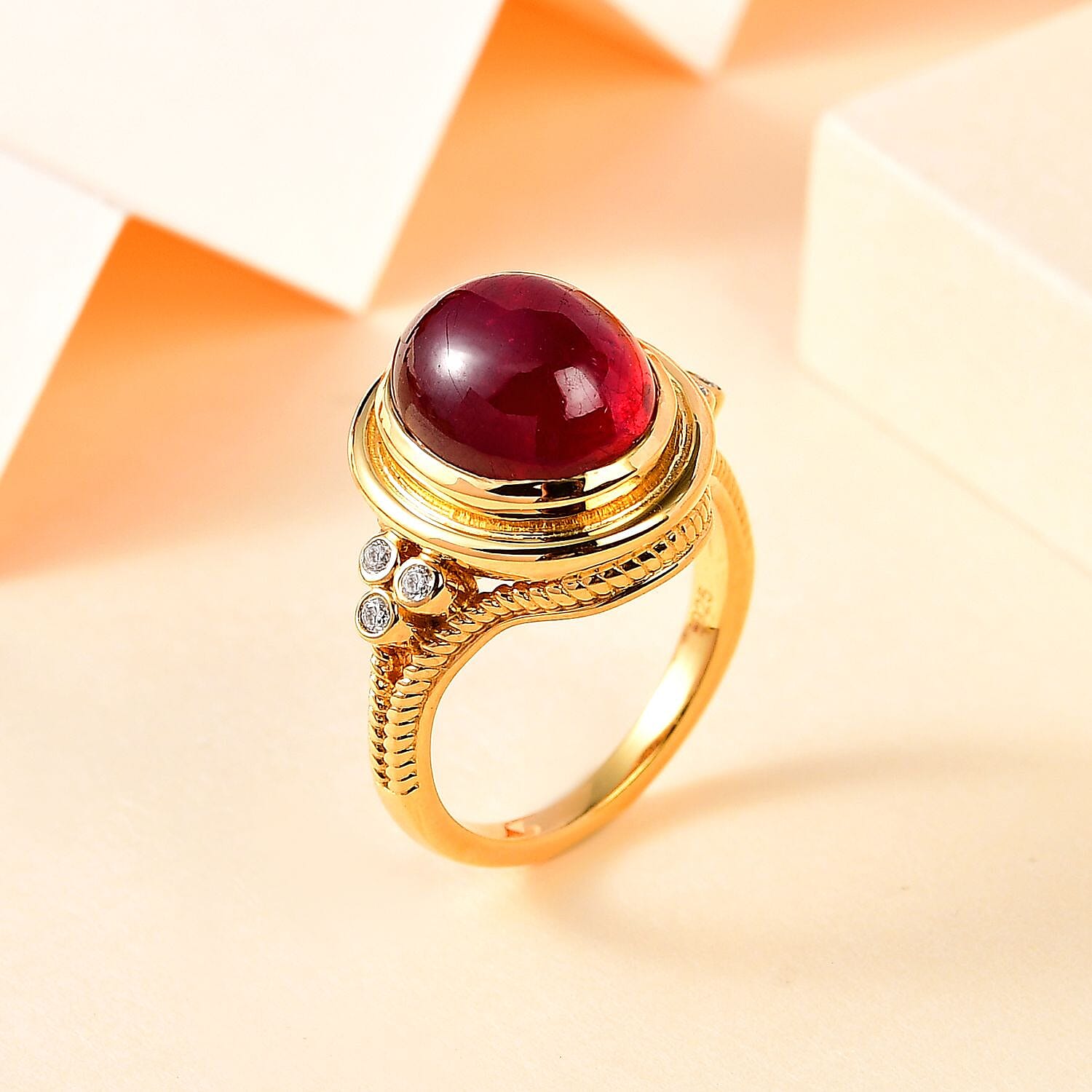 The Majestic Cabochon African Ruby with Moissanite in Solitaire Ring in Vermeil YG Sterling Silver 8.20 Ct,
