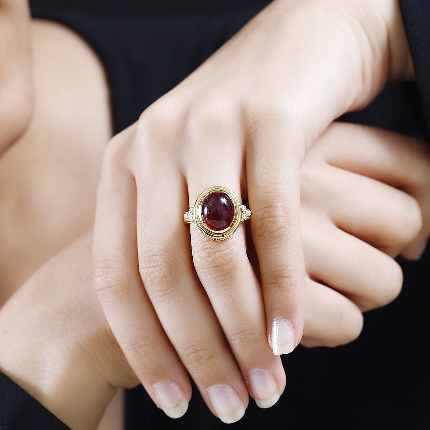 The Majestic Cabochon African Ruby with Moissanite in Solitaire Ring in Vermeil YG Sterling Silver 8.20 Ct,