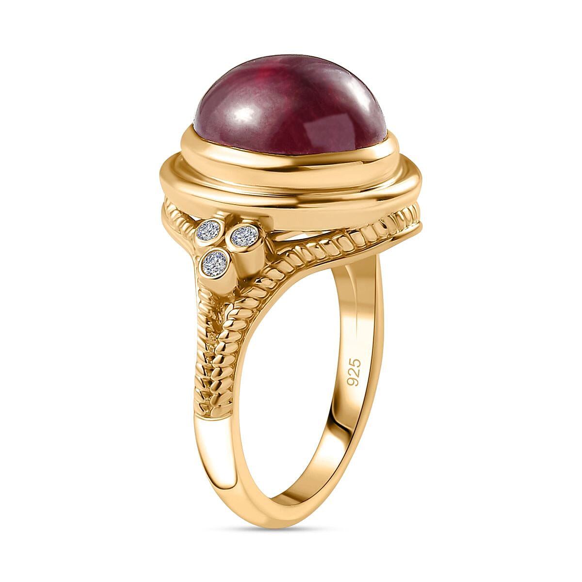 The Majestic Cabochon African Ruby with Moissanite in Solitaire Ring in Vermeil YG Sterling Silver 8.20 Ct,