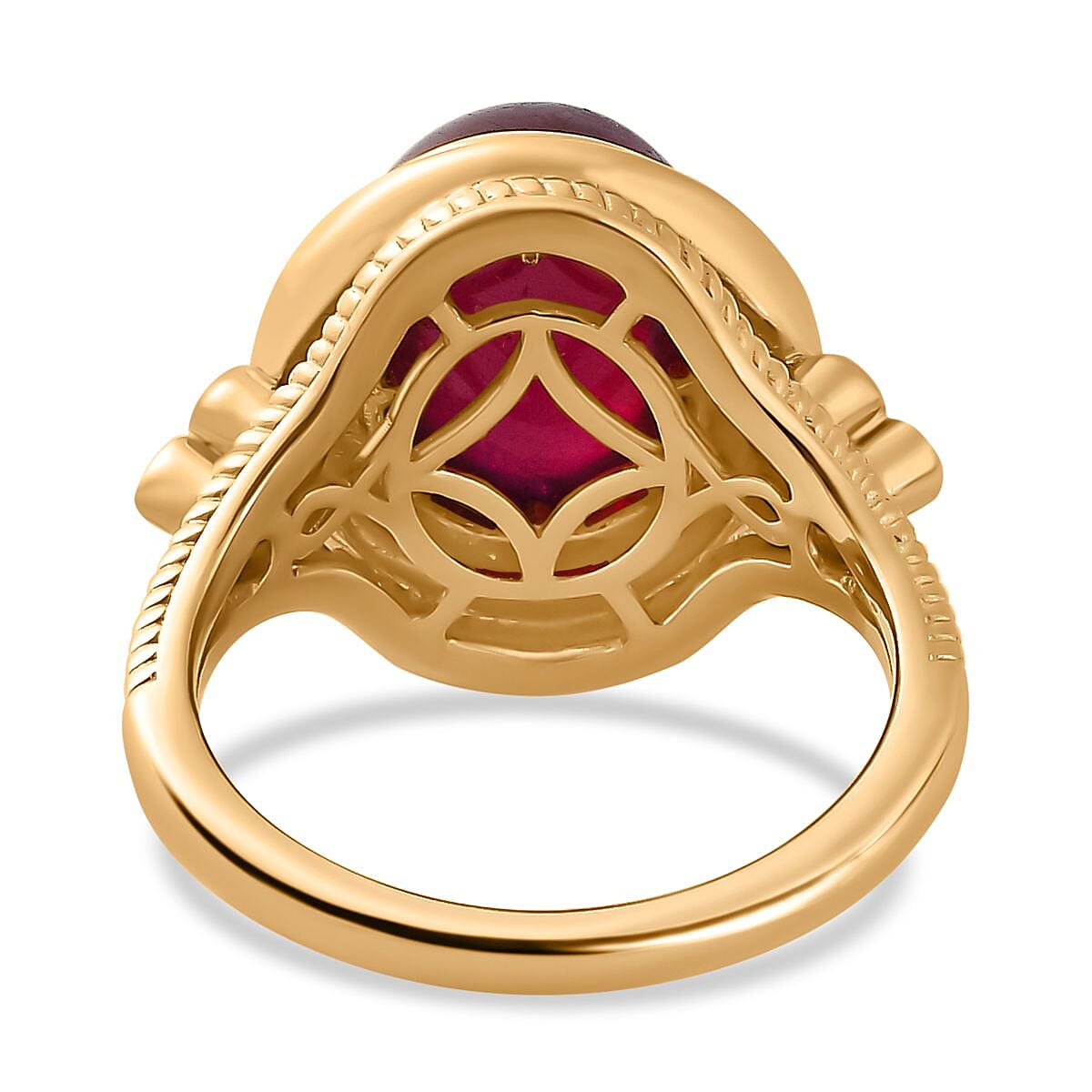 The Majestic Cabochon African Ruby with Moissanite in Solitaire Ring in Vermeil YG Sterling Silver 8.20 Ct,