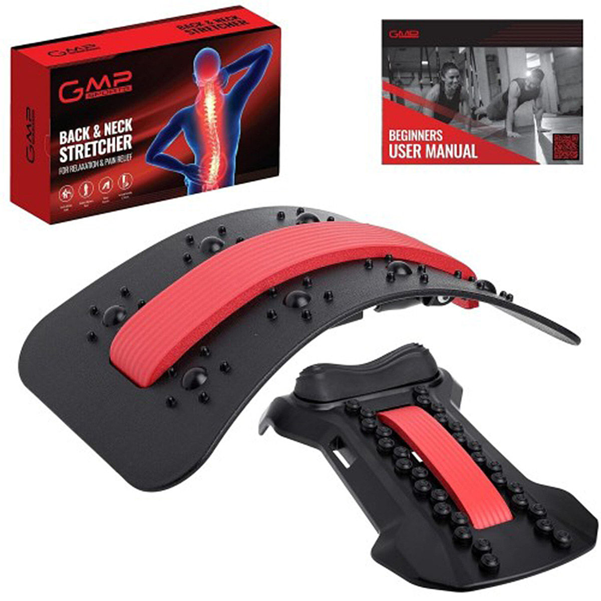 GMP SPORTS 2-in-1 Back & Neck Stretcher Posture Corrector Massager Lumbar Support Pain Tension