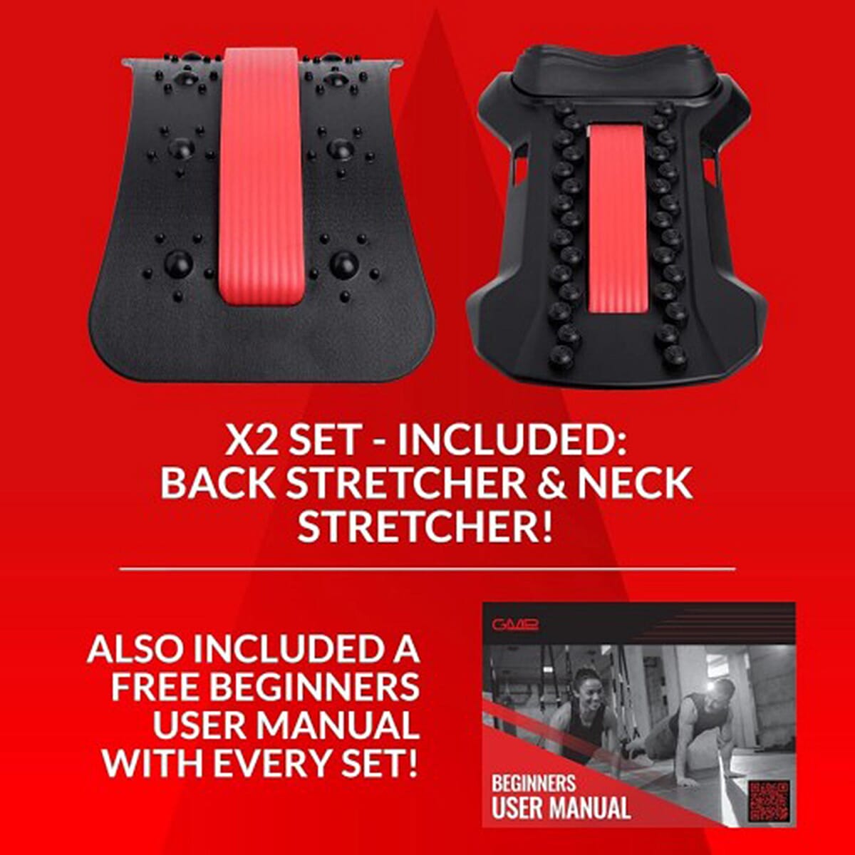 GMP SPORTS 2-in-1 Back & Neck Stretcher Posture Corrector Massager Lumbar Support Pain Tension - Red & Black