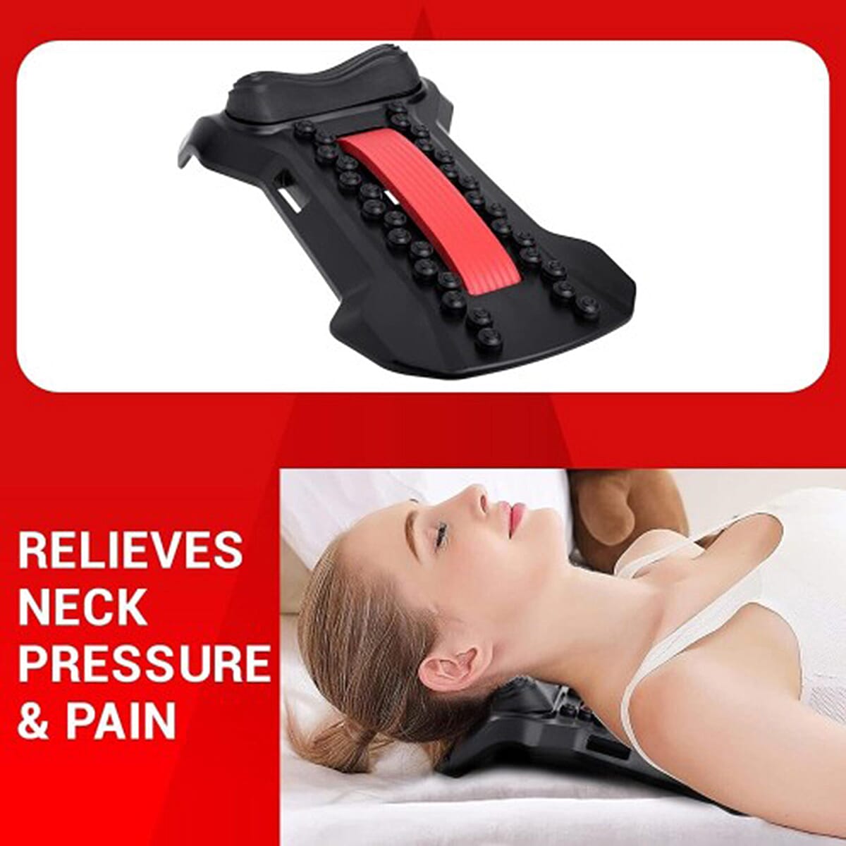 GMP SPORTS 2-in-1 Back & Neck Stretcher Posture Corrector Massager Lumbar Support Pain Tension - Red & Black