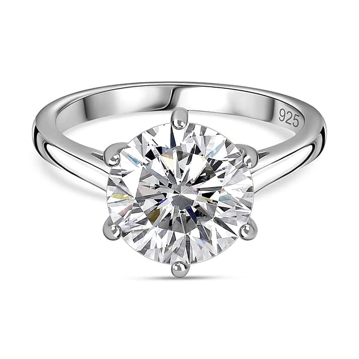 Moissanite Solitaire Ring in Sterling Silver with Platinum Overlay
