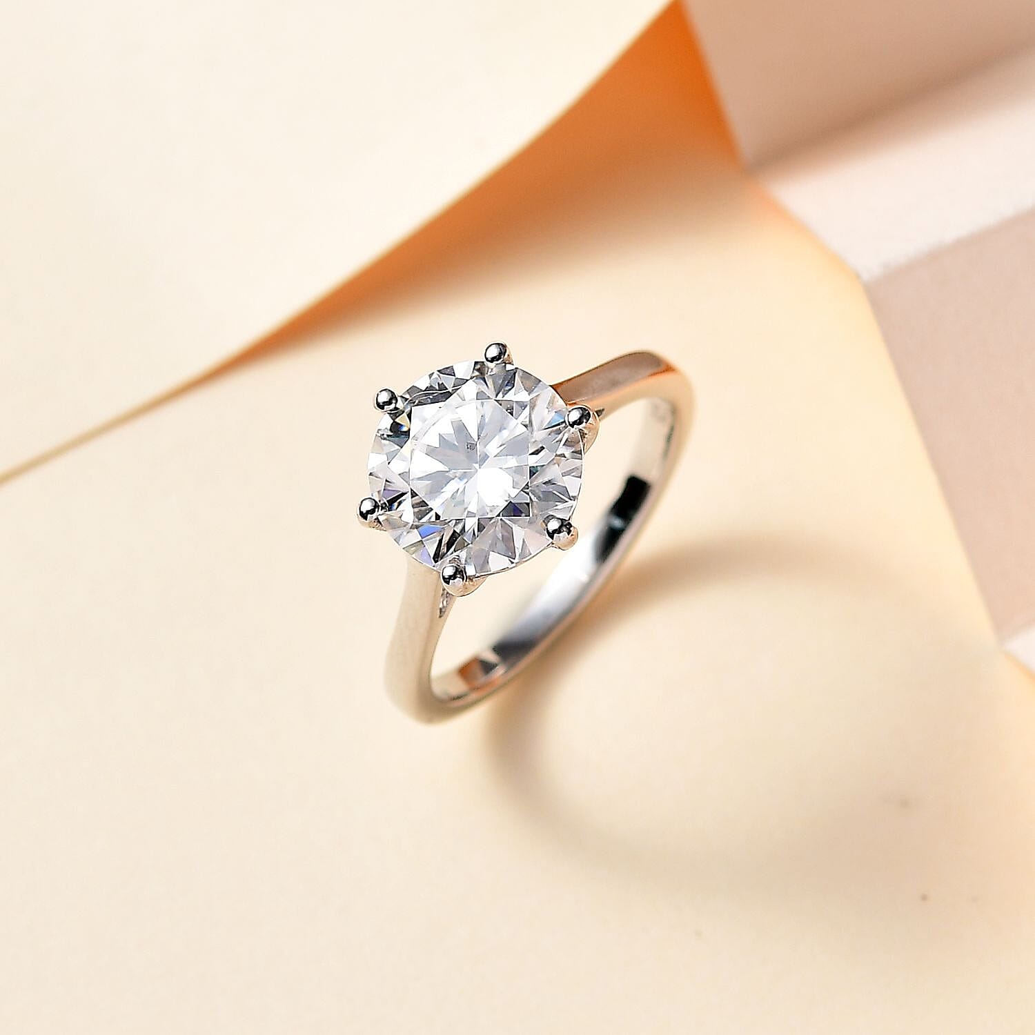 Moissanite Solitaire Ring in Platinum & Rhodium Overlay Sterling Silver