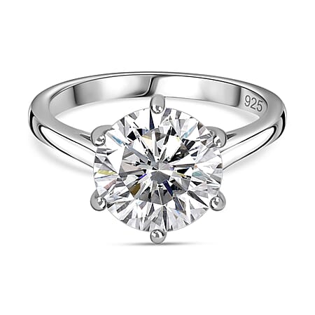 Moissanite Solitaire Ring in Sterling Silver with Platinum Overlay