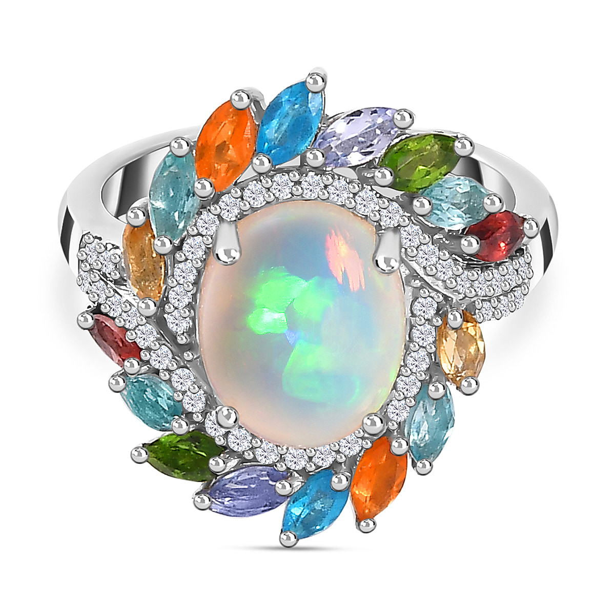 Ethiopian Welo Opal & Multi Gemstones Ring in Platinum Overlay Sterling Silver 3.30 Ct.