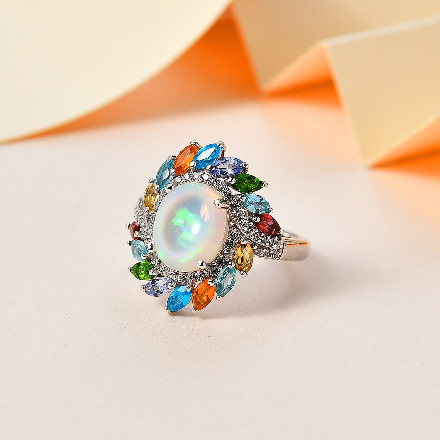 Ethiopian Welo Opal & Multi Gemstones Ring in Platinum Overlay Sterling Silver 3.30 Ct.