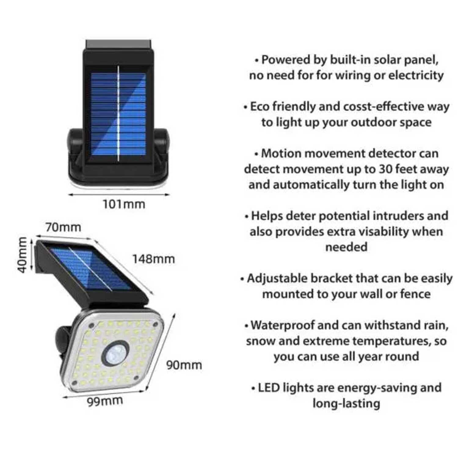 St Helens 48 LED Solar Powered Outdoor Security Light With PIR and Adjustable Bracket