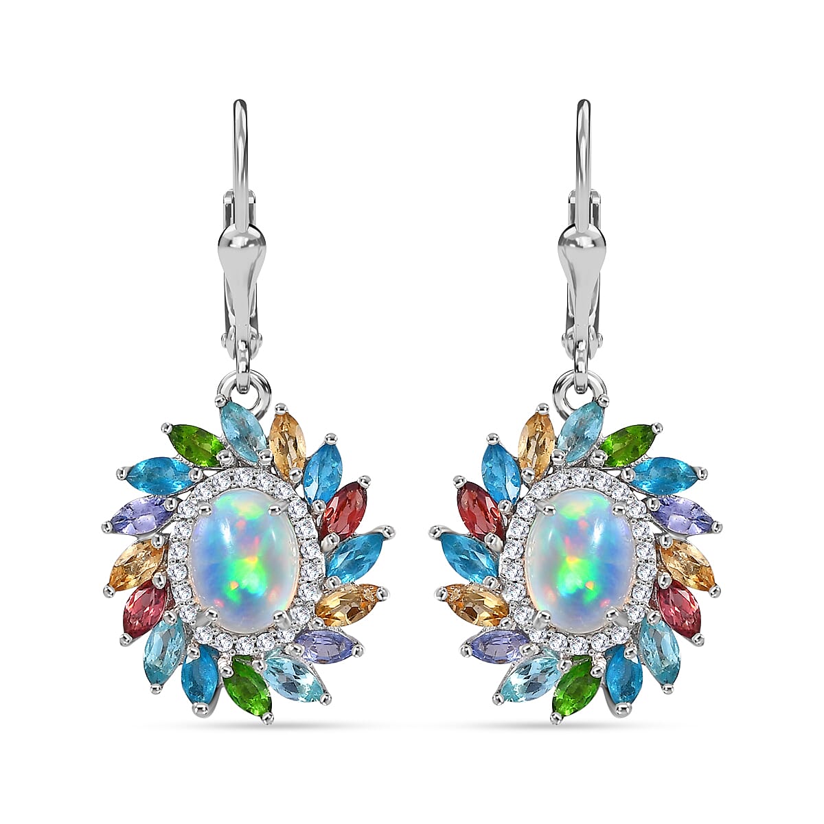 Ethiopian Welo Opal, Multi gemstones Cluster Earring in Platinum Overlay Sterling Silver 5.36 Ct