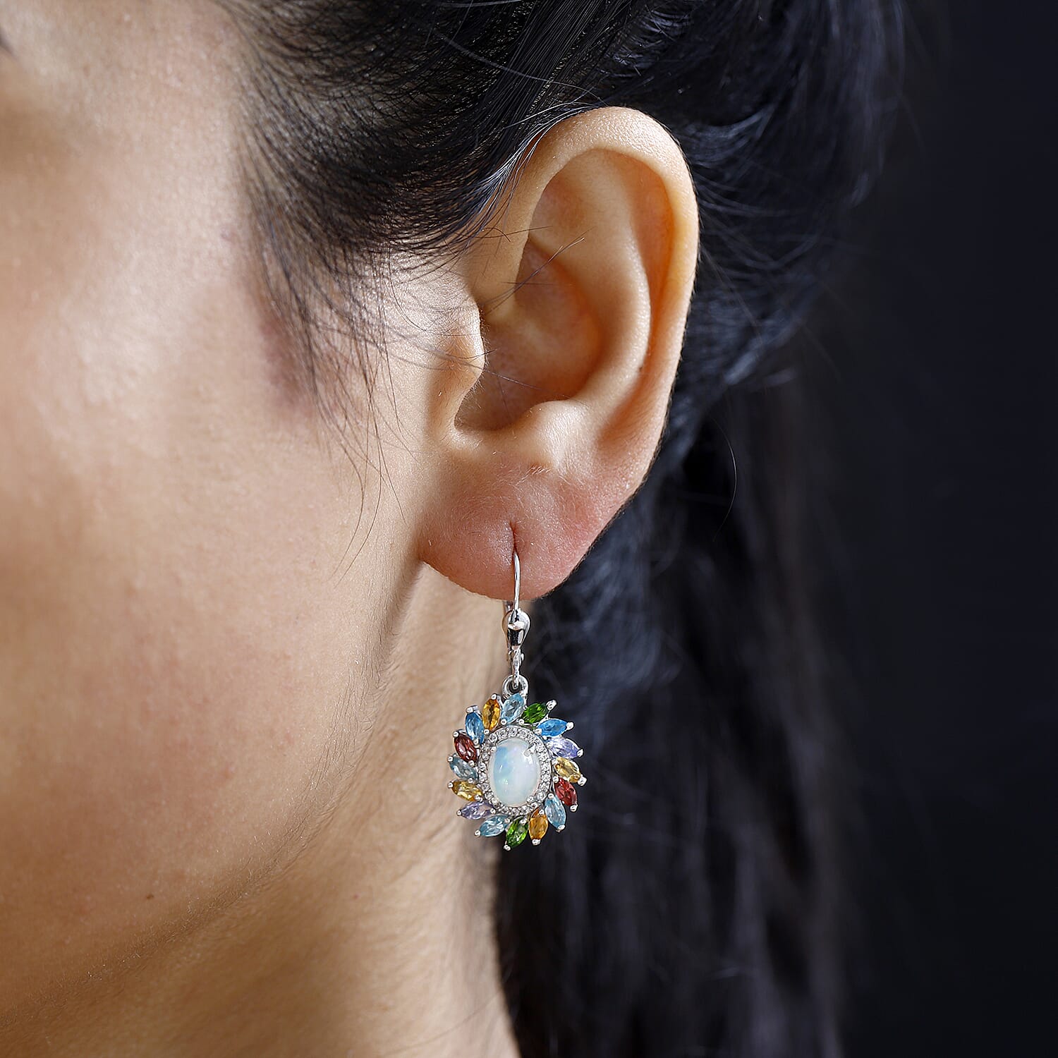 Ethiopian Welo Opal, Multi gemstones Cluster Earring in Platinum Overlay Sterling Silver 5.36 Ct