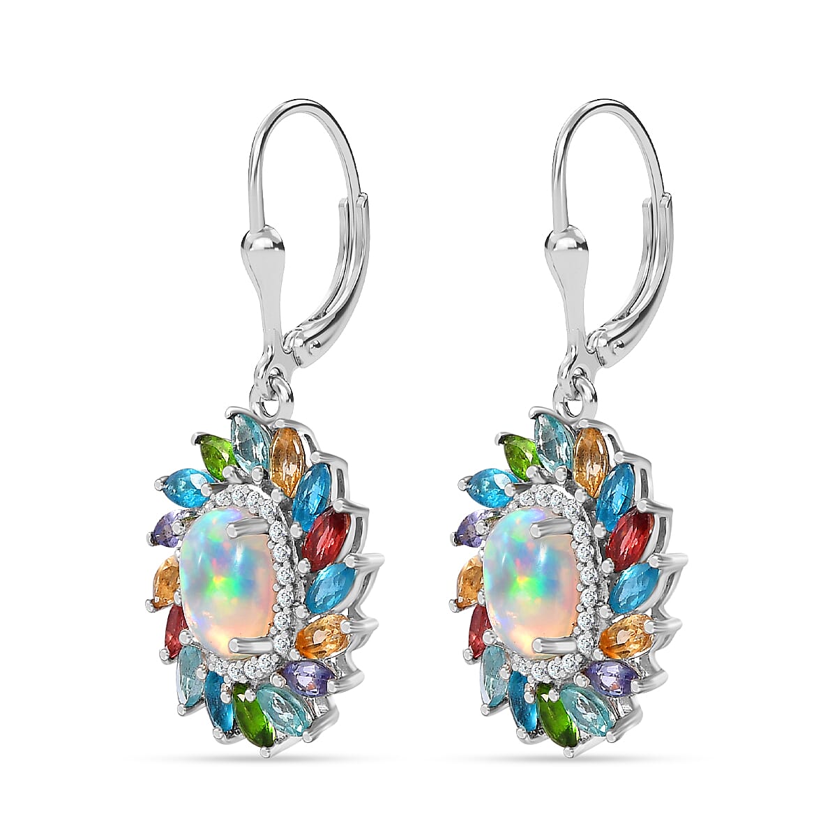 Ethiopian Welo Opal, Multi gemstones Cluster Earring in Platinum Overlay Sterling Silver 5.36 Ct