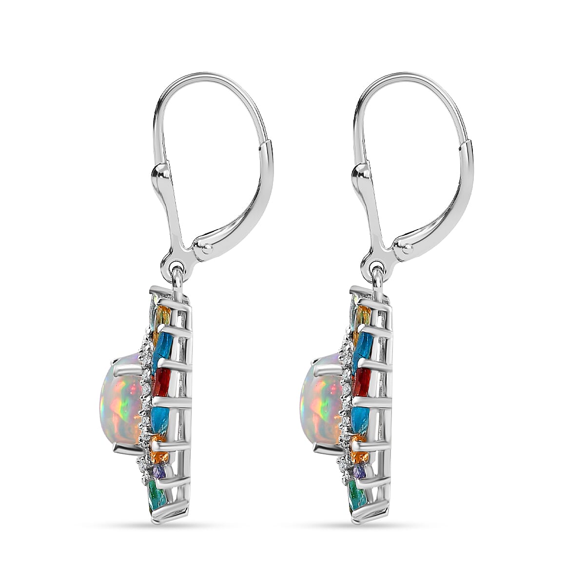 Ethiopian Welo Opal, Multi gemstones Cluster Earring in Platinum Overlay Sterling Silver 5.36 Ct