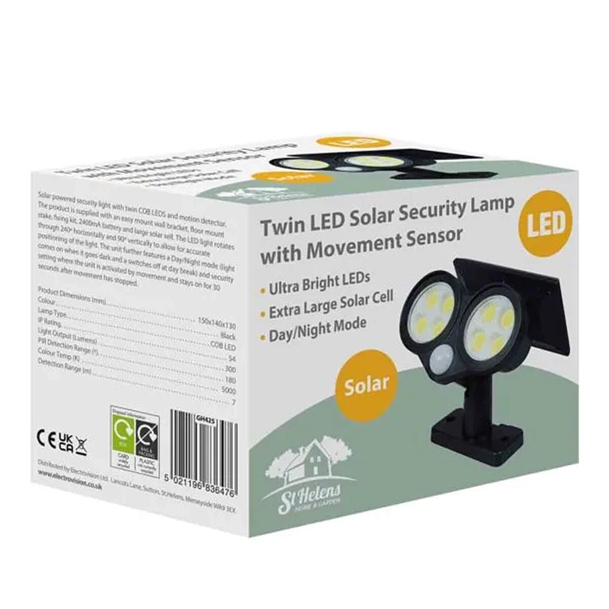 St Helens Twin LED Solar Security Lamp Wall and Floor Mount with Movement Sensor