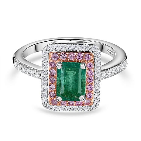 AAA Gemfields Zambian Emerald, Pink Sapphire and Natural Zircon Ring in sterling Silver 1.70 Ct.