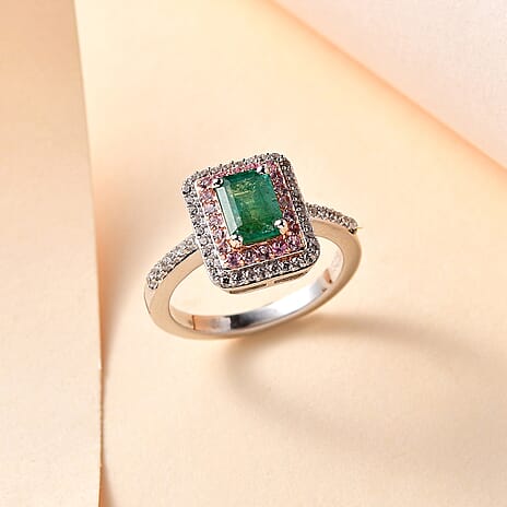 AAA Gemfields Zambian Emerald, Pink Sapphire and Natural Zircon Ring in sterling Silver 1.70 Ct.