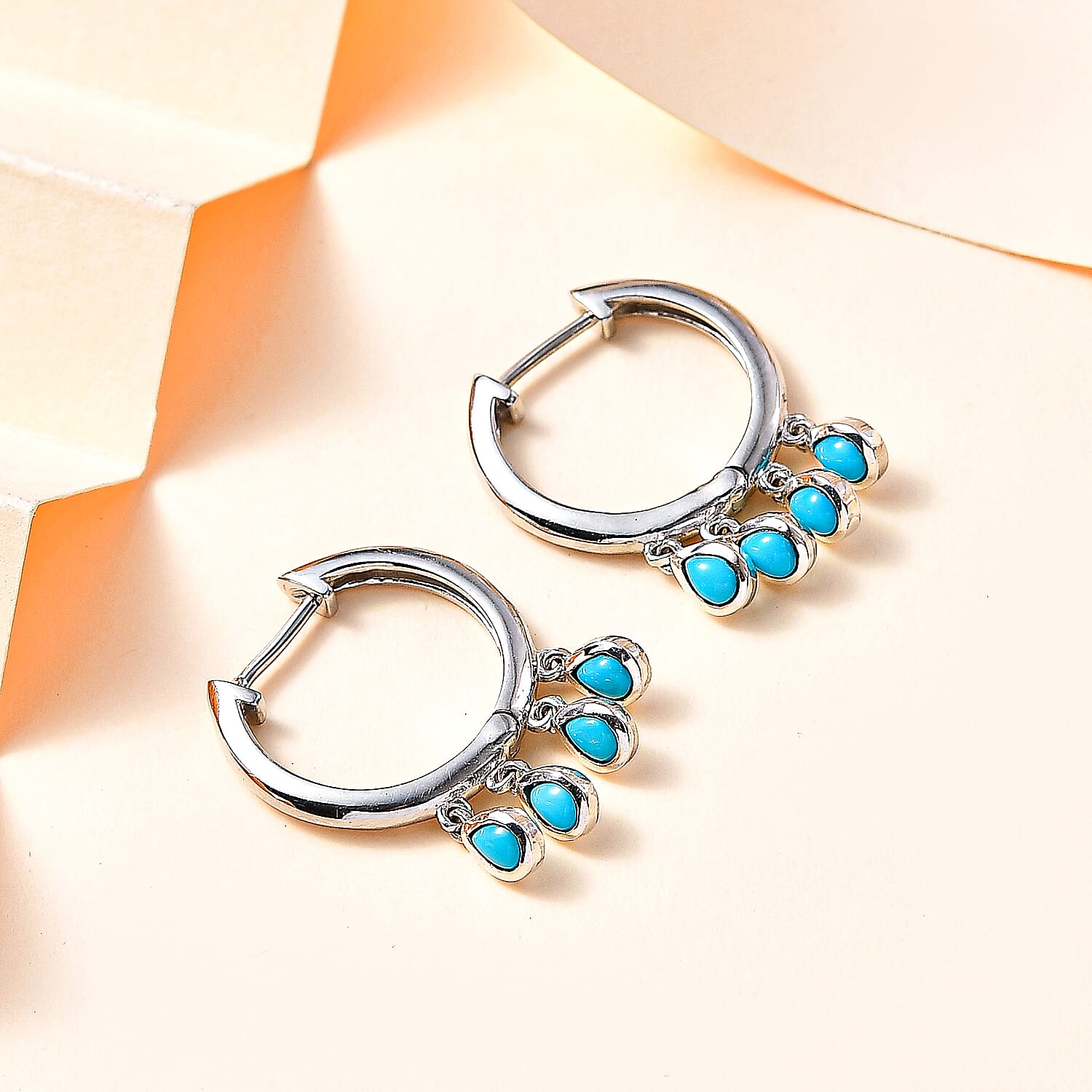 Arizona Sleeping Beauty Turquoise Hoop Earrings in Platinum Overlay Sterling Silver 1.15 Ct, Silver Wt. 5.45 Gms