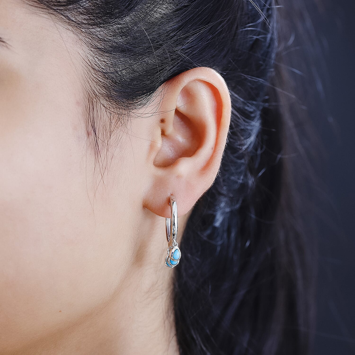 Arizona Sleeping Beauty Turquoise Hoop Earrings in Platinum Overlay Sterling Silver 1.15 Ct, Silver Wt. 5.45 Gms