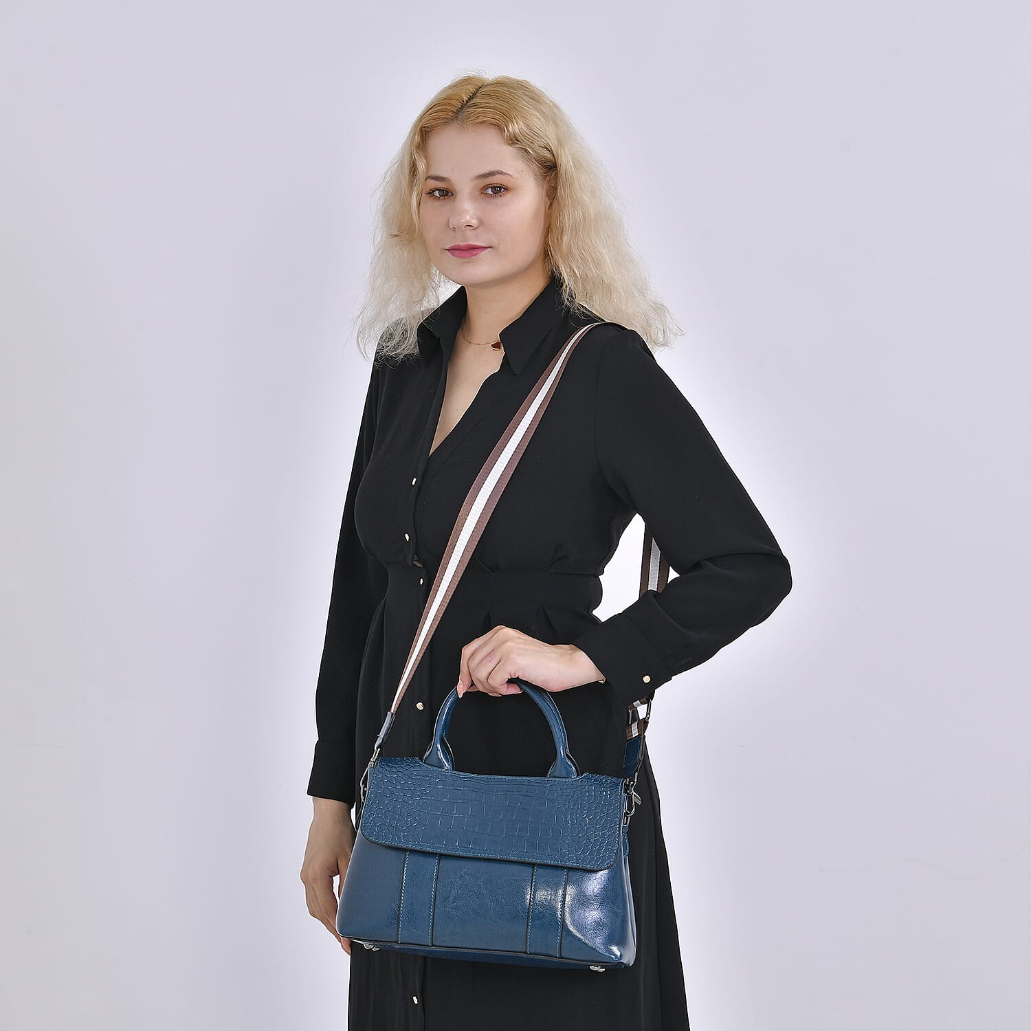 Designer Inspired - 100% Genuine Leather Crossbody Bag with 2 Long Shoulder Strap - Navy