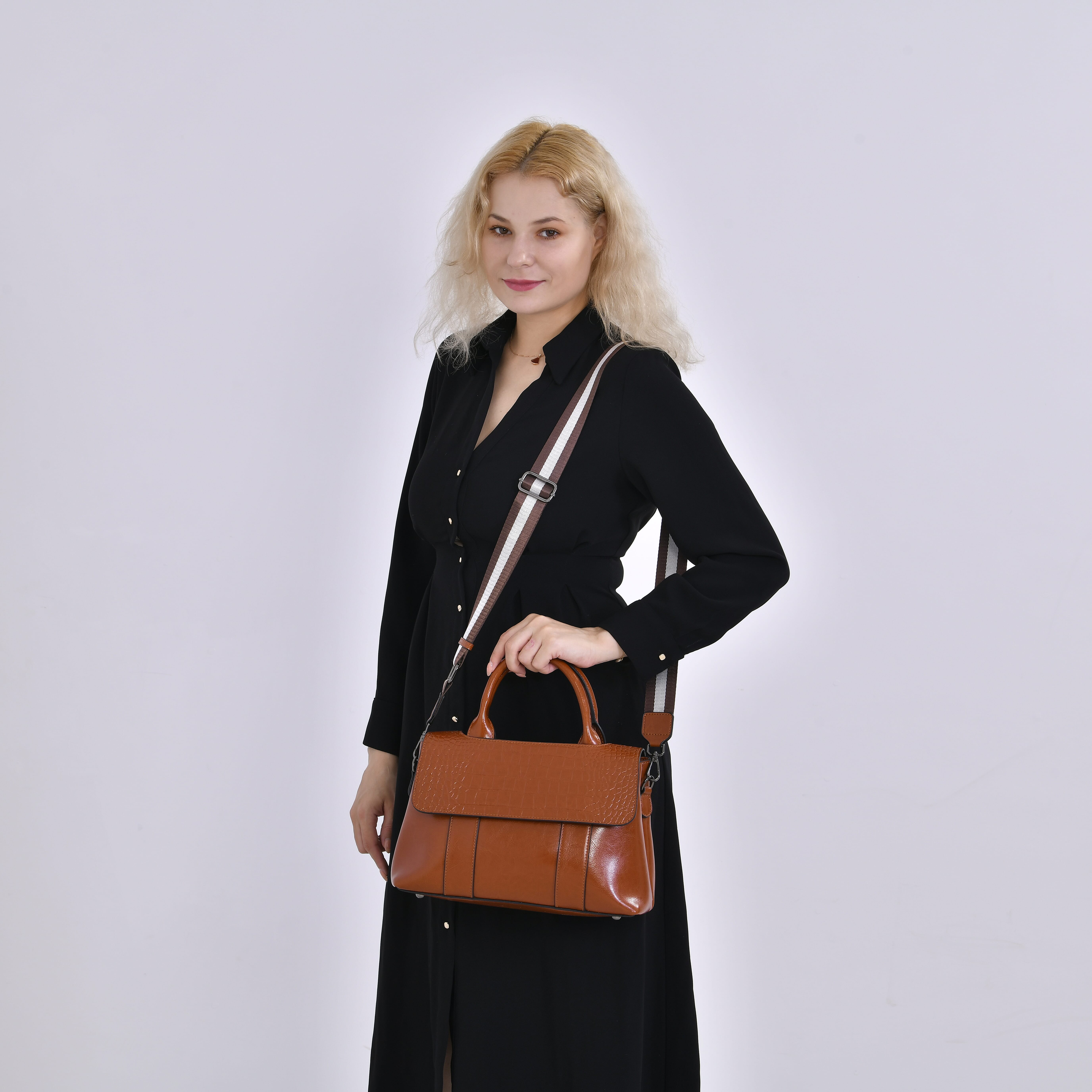 Designer Inspired - 100% Genuine Leather Crossbody Bag with 2 Long Shoulder Strap - Tan