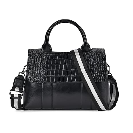 Genuine Leather Croc Embossed Crossbody Bag with 2 Long Shoulder Strap - Black