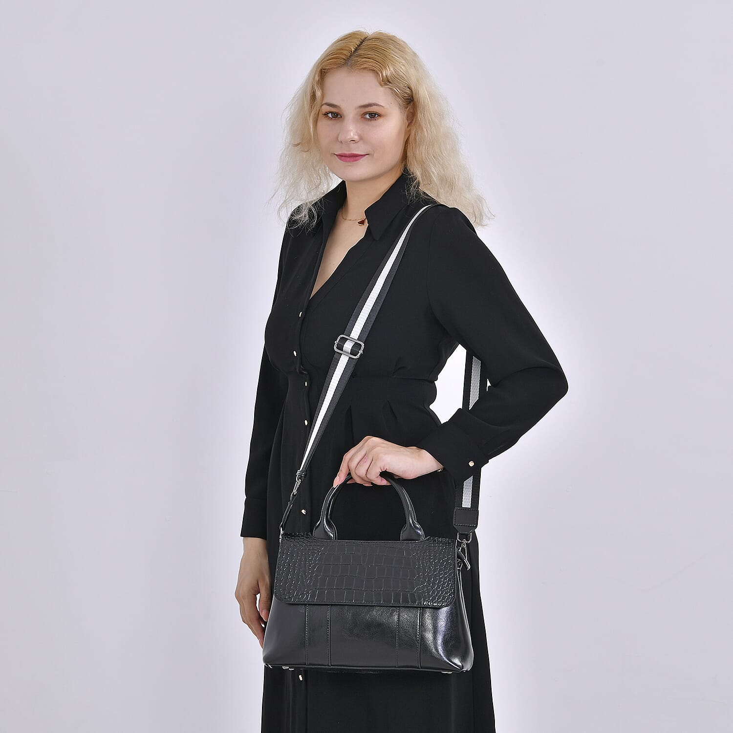 Designer Inspired - 100% Genuine Leather Crossbody Bag with 2 Long Shoulder Strap - Black