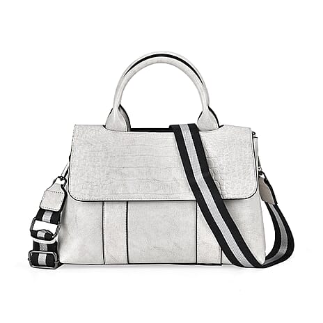 Sumptuous Quality 100% Genuine Exquisite Leather Croc Embossed Crossbody Bag with 2 Long Shoulder Strap - White