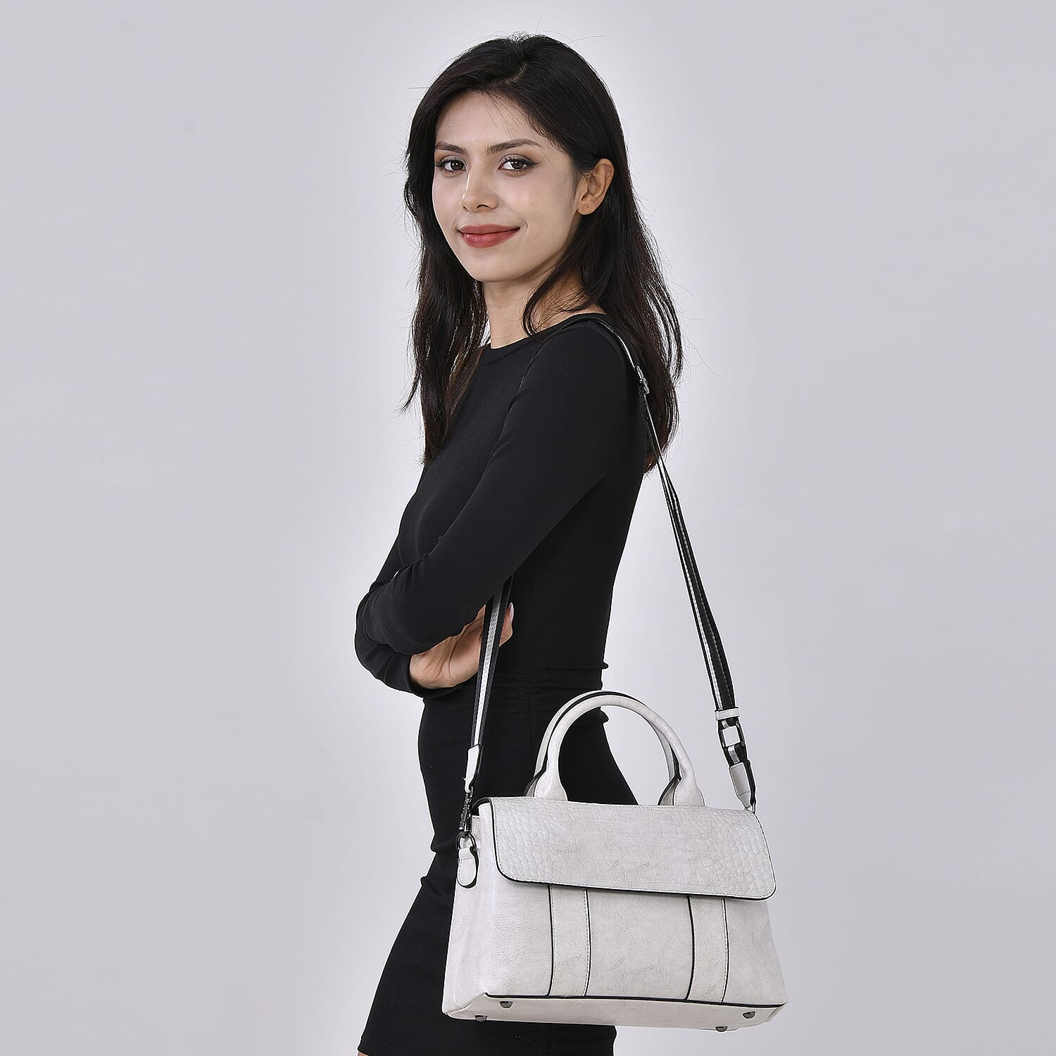 Sumptuous Quality 100% Genuine Exquisite Leather Croc Embossed Crossbody Bag with 2 Long Shoulder Strap - White