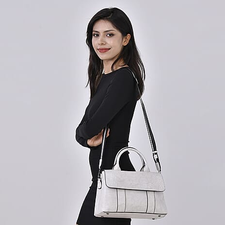 Sumptuous Quality 100% Genuine Exquisite Leather Croc Embossed Crossbody Bag with 2 Long Shoulder Strap - White