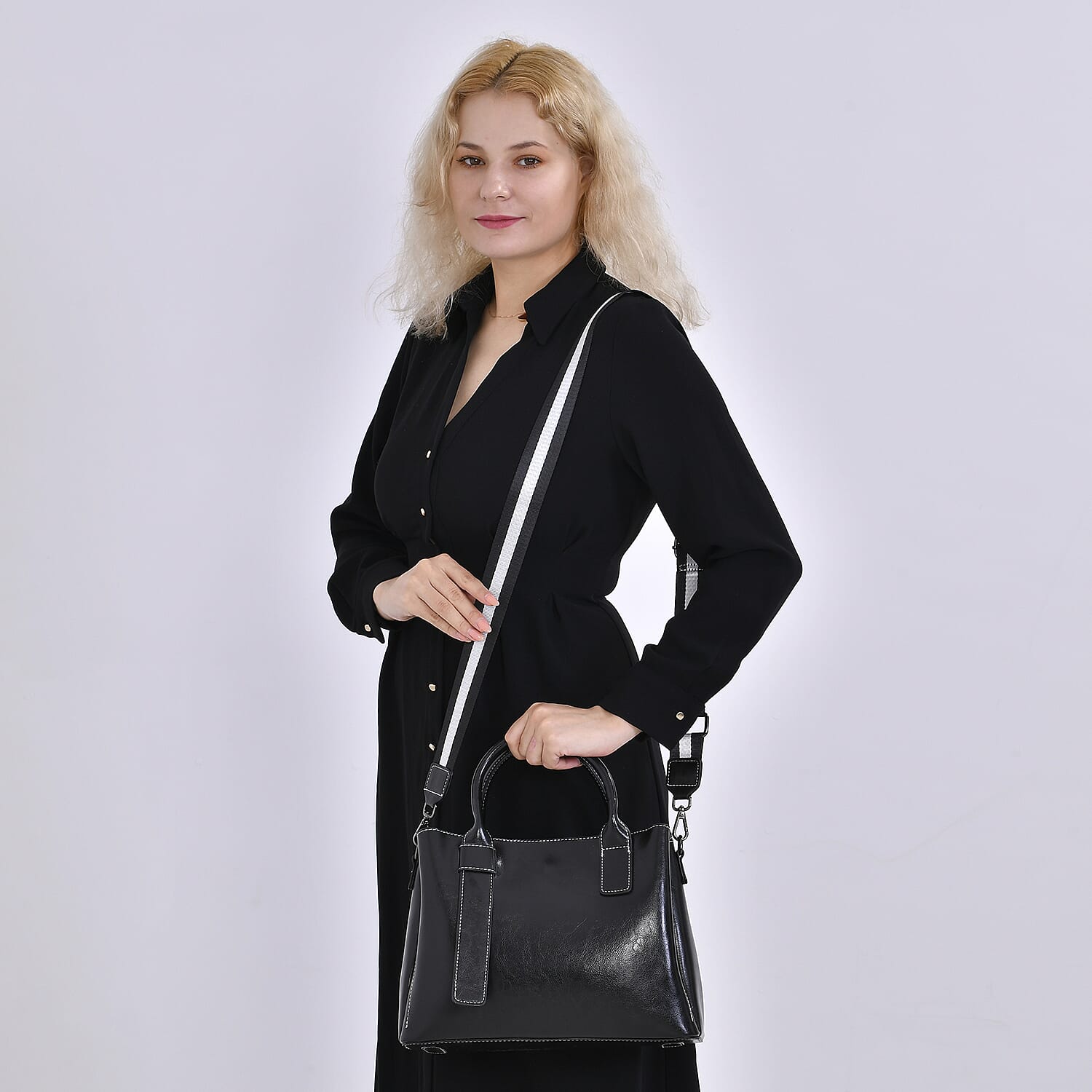 Milan Fashion Closeout - 100% Genuine Leather Crossbody Bag with 2 Long Shoulder Strap -  Black