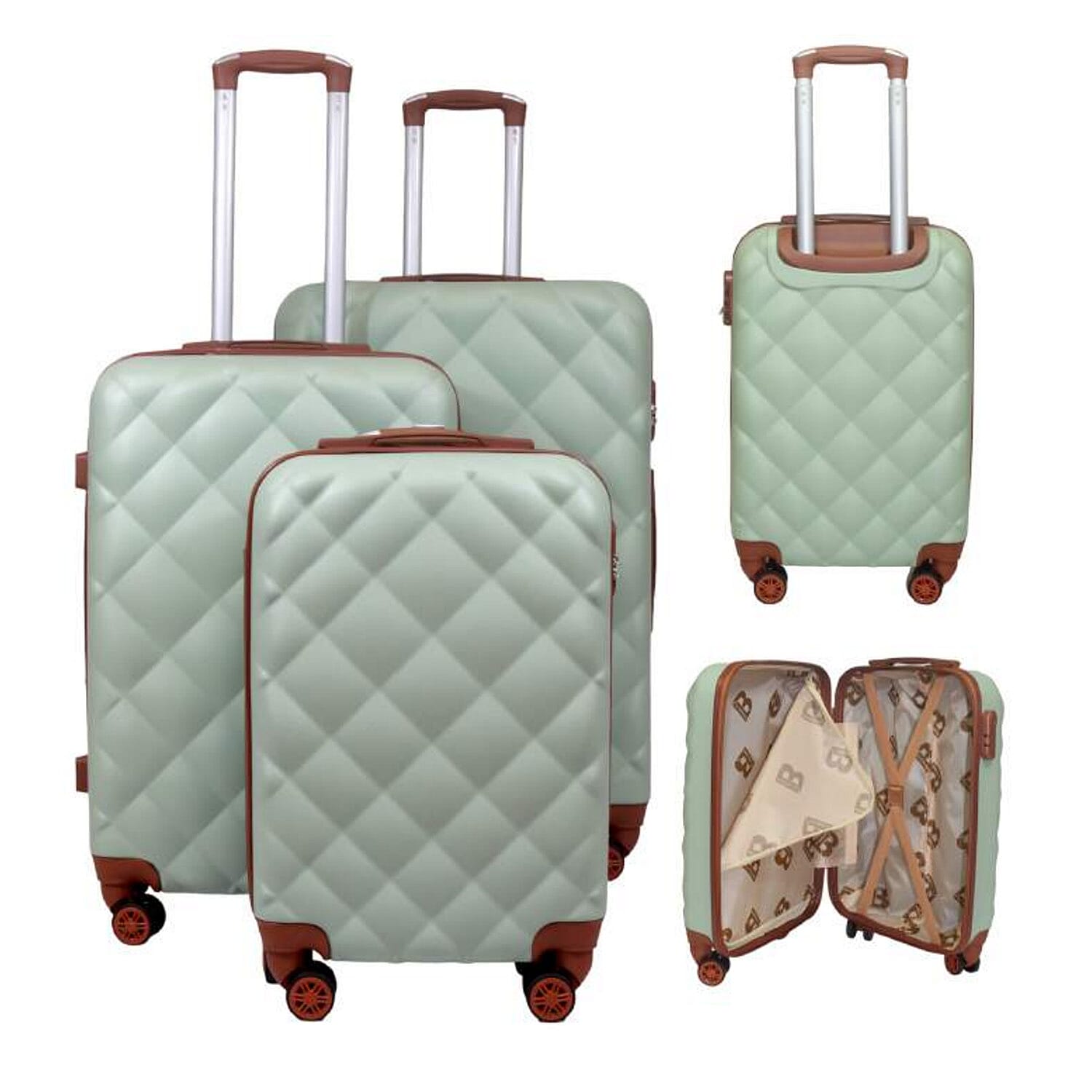Set of 3 - Durable Hard Shell 4 Wheel Suitcases with Soft Grip Handles - 38L, 64L, 97L - Mint