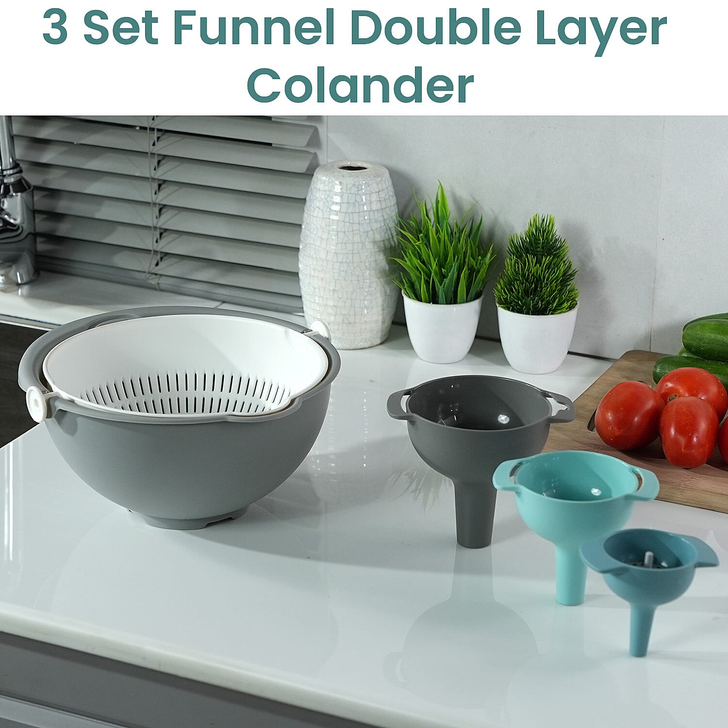 Set of 3 Funnel Double Layer Colander - Grey