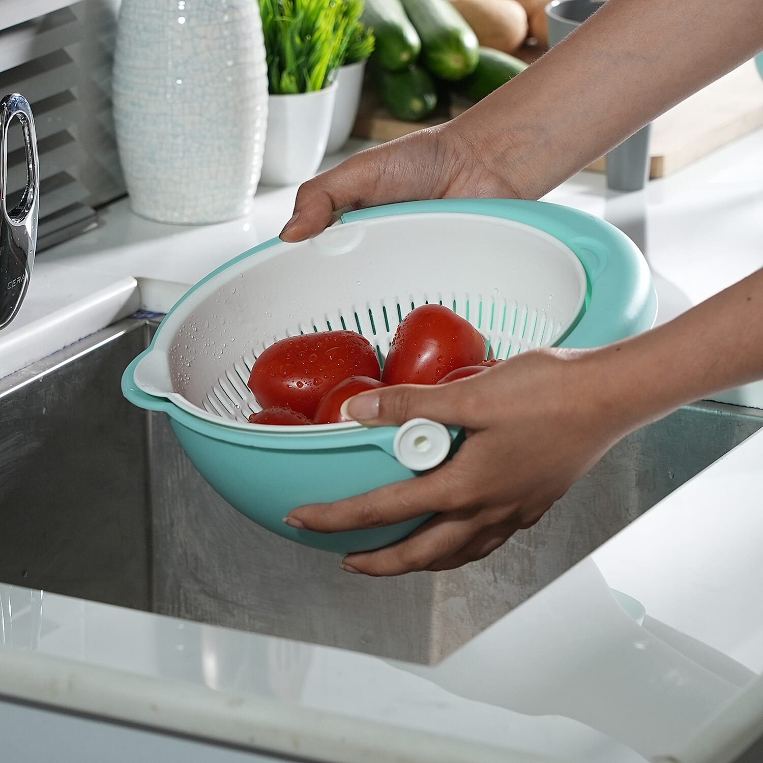 Set of 3 Funnel Double Layer Colander - Blue