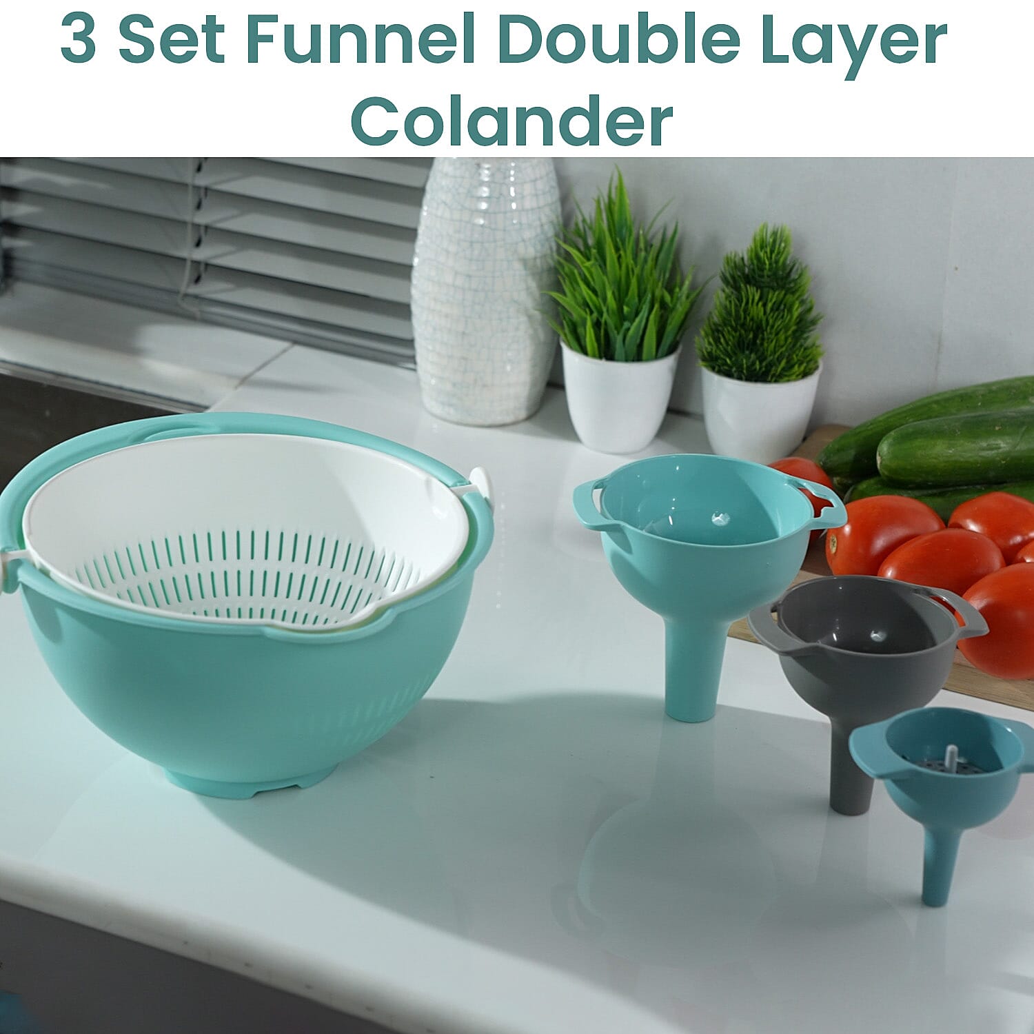 Set of 3 Funnel Double Layer Colander - Blue