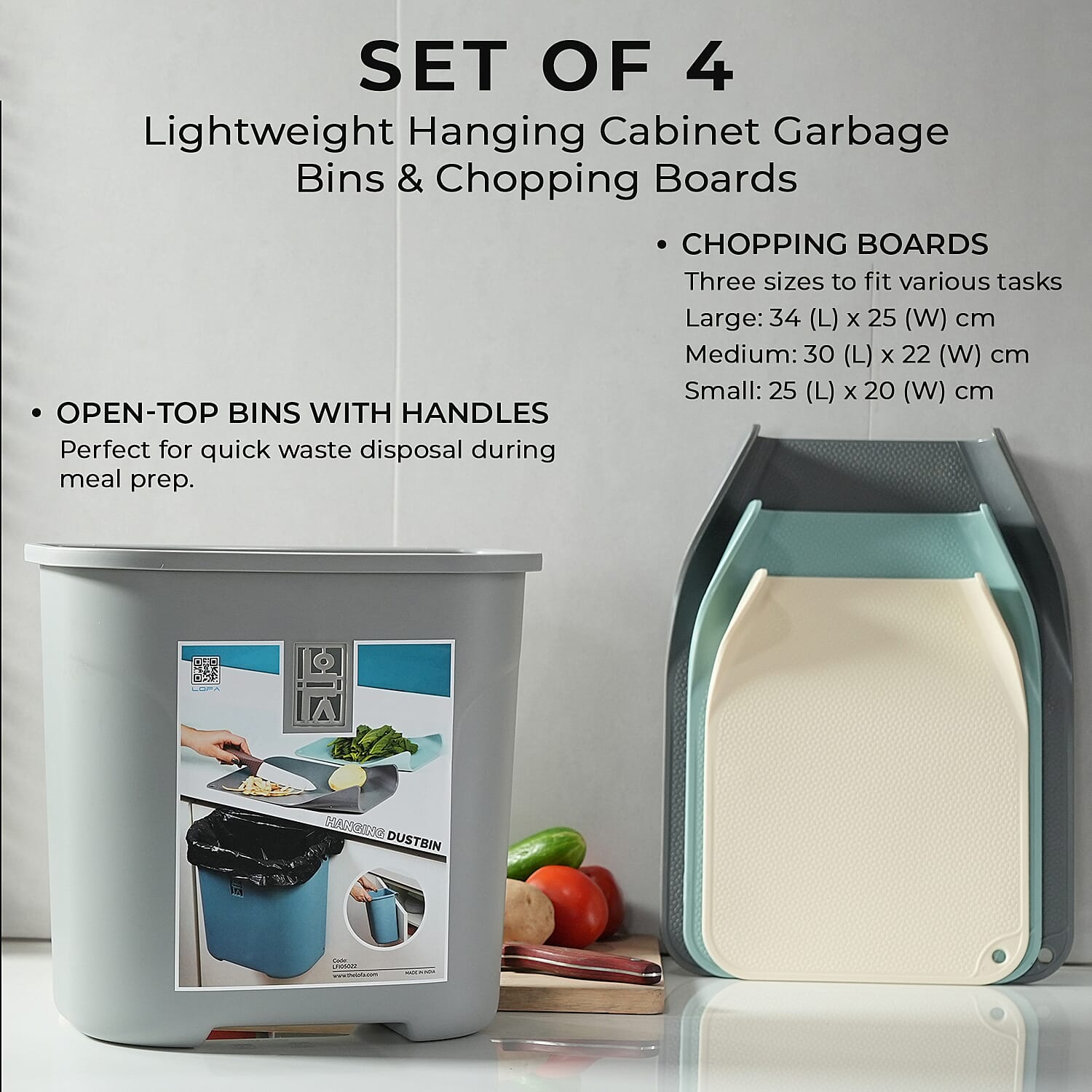 Set of 4 Lightweight Hanging Cabinet Garbage Bin with Chopping Boards (Size 27x17x27 cm) - Grey & Grey