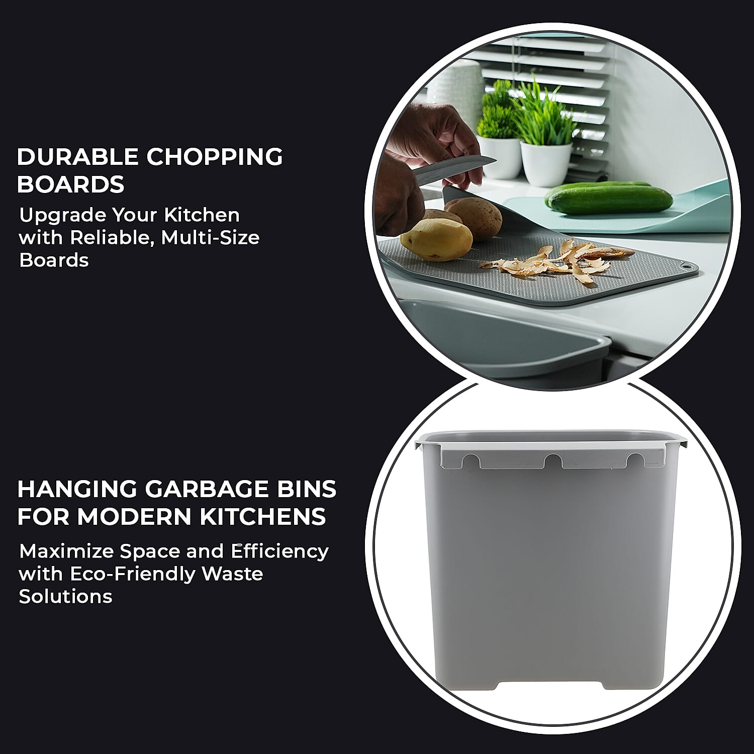 4 Piece Set - Lightweight Hanging Cabinet Garbage Bin with Chopping Board - Grey