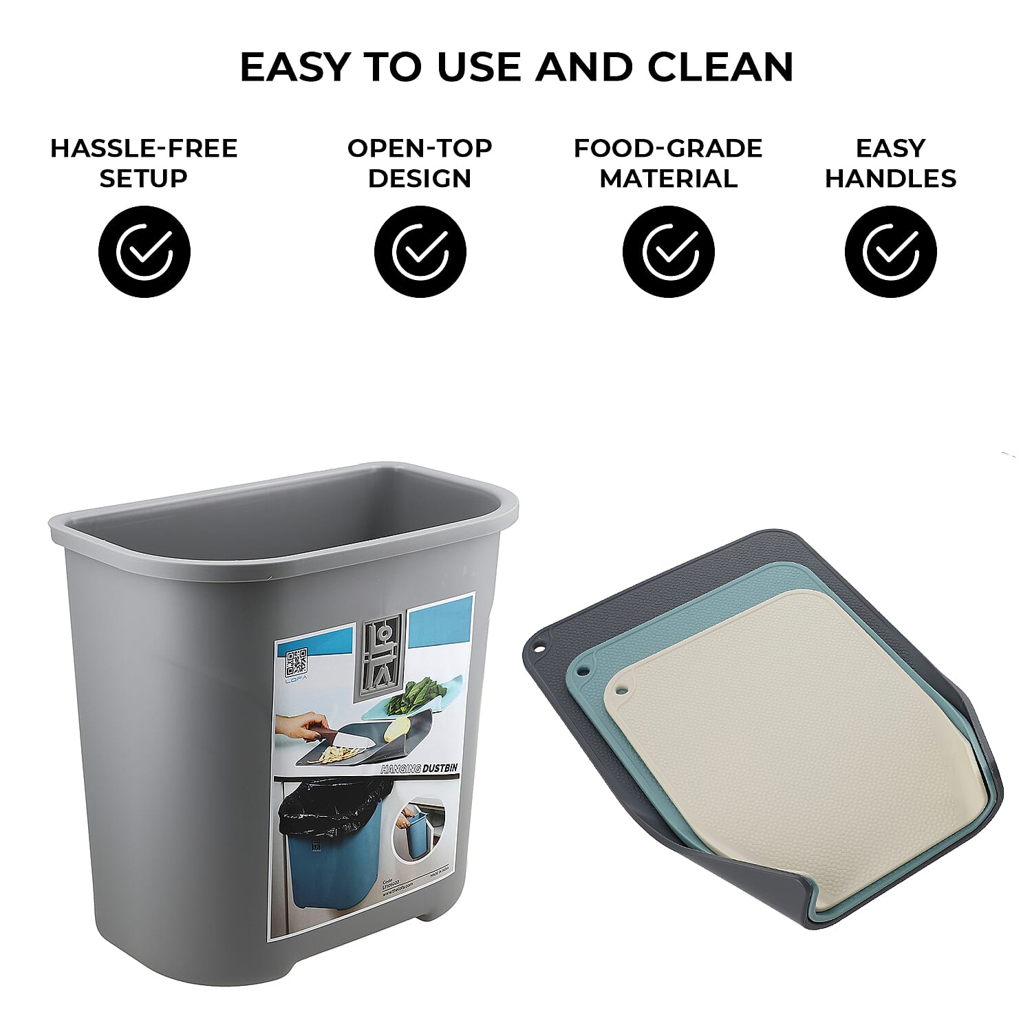 4 Piece Set - Lightweight Hanging Cabinet Garbage Bin with Chopping Board - Grey