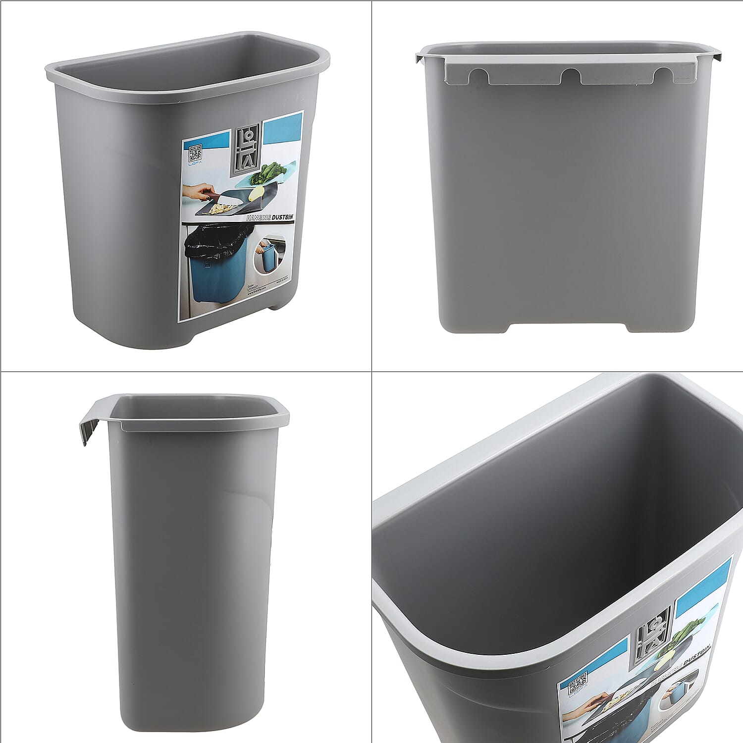 4 Piece Set - Lightweight Hanging Cabinet Garbage Bin with Chopping Board - Grey