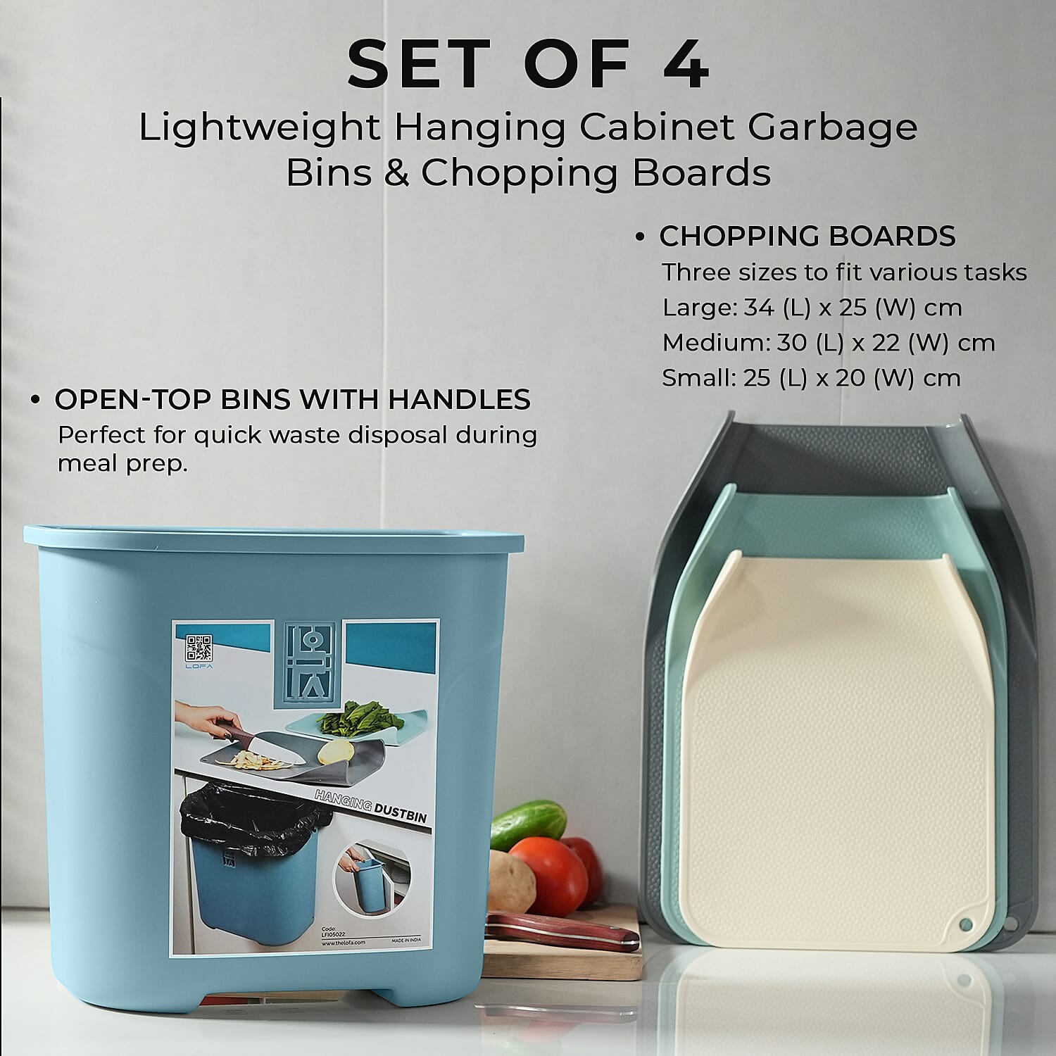 Set of 4 Lightweight Hanging Cabinet Garbage Bin with Chopping Boards (Size 27x17x27 cm) - Blue & Grey