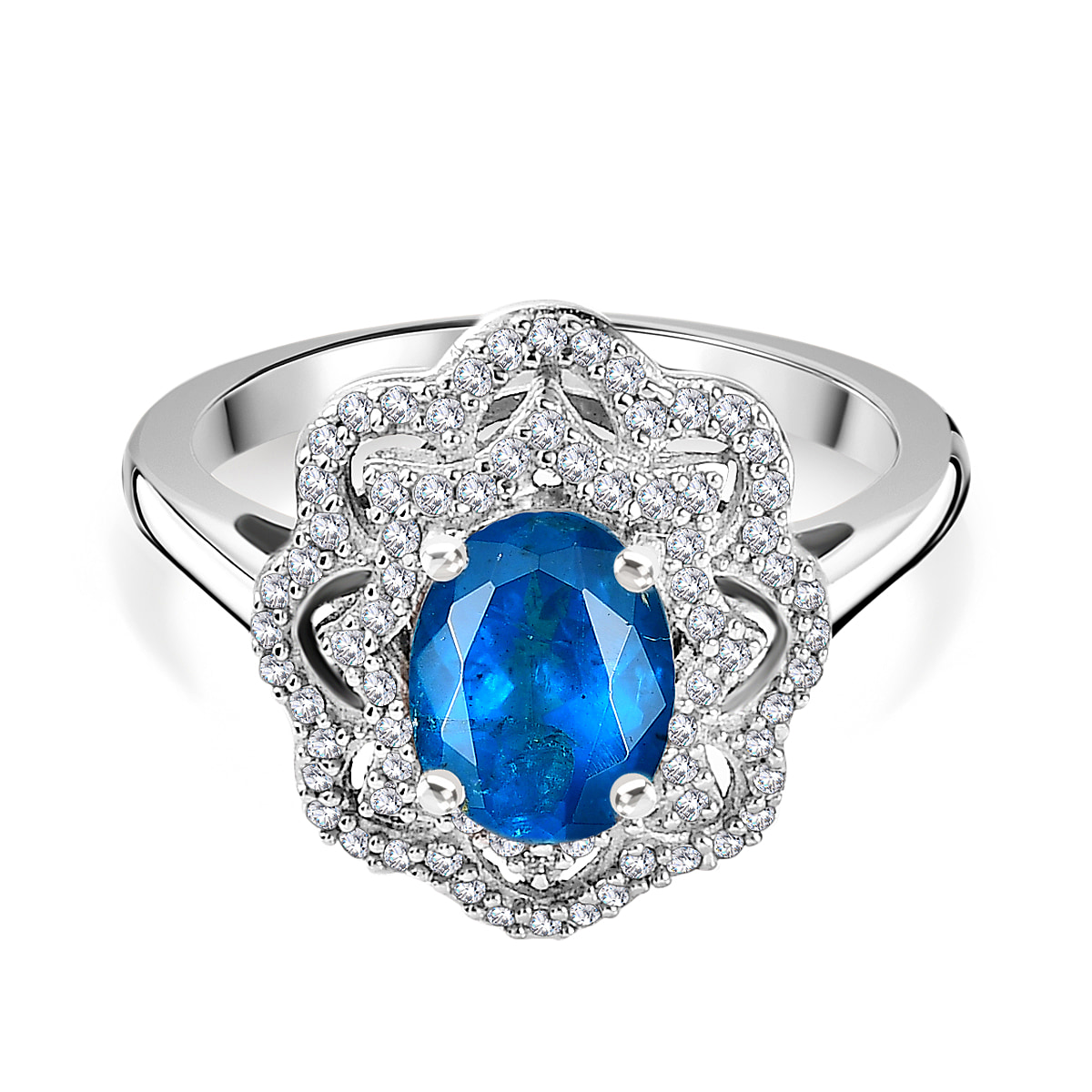 THE NEON QUEEN - Premium Neon Apatite and Natural Zircon Halo Ring in Platinum Overlay Sterling Silver 1.67 Ct