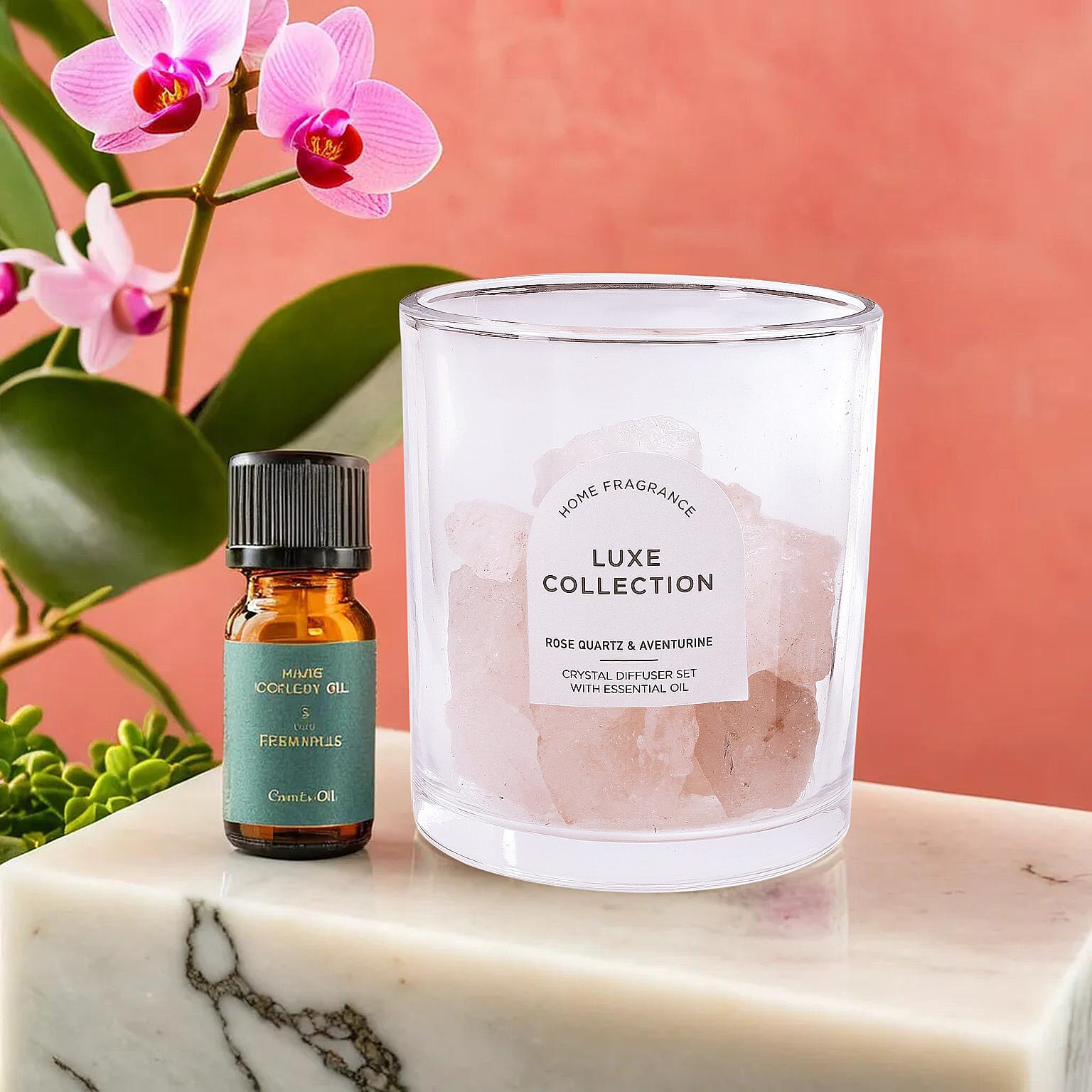 Rose Quartz & Aventurine Crystal Diffuser Set With Essential Oil