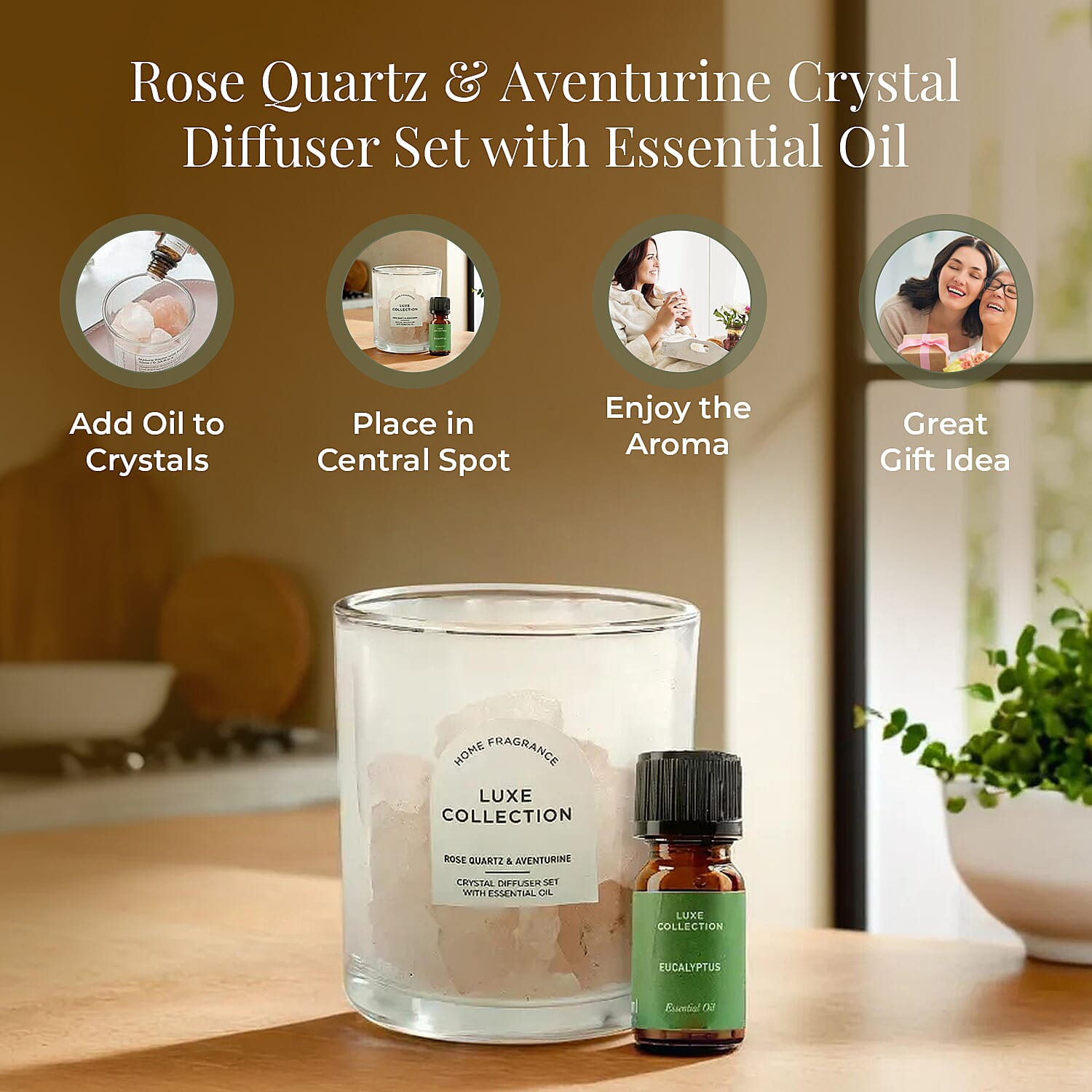 Rose Quartz & Aventurine Crystal Diffuser Set With Essential Oil