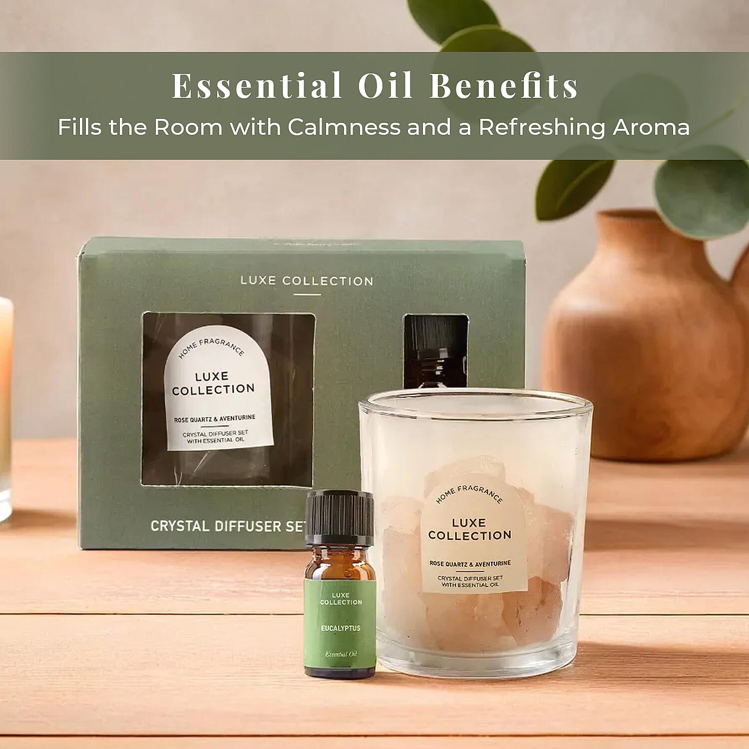 Rose Quartz & Aventurine Crystal Diffuser Set With Essential Oil